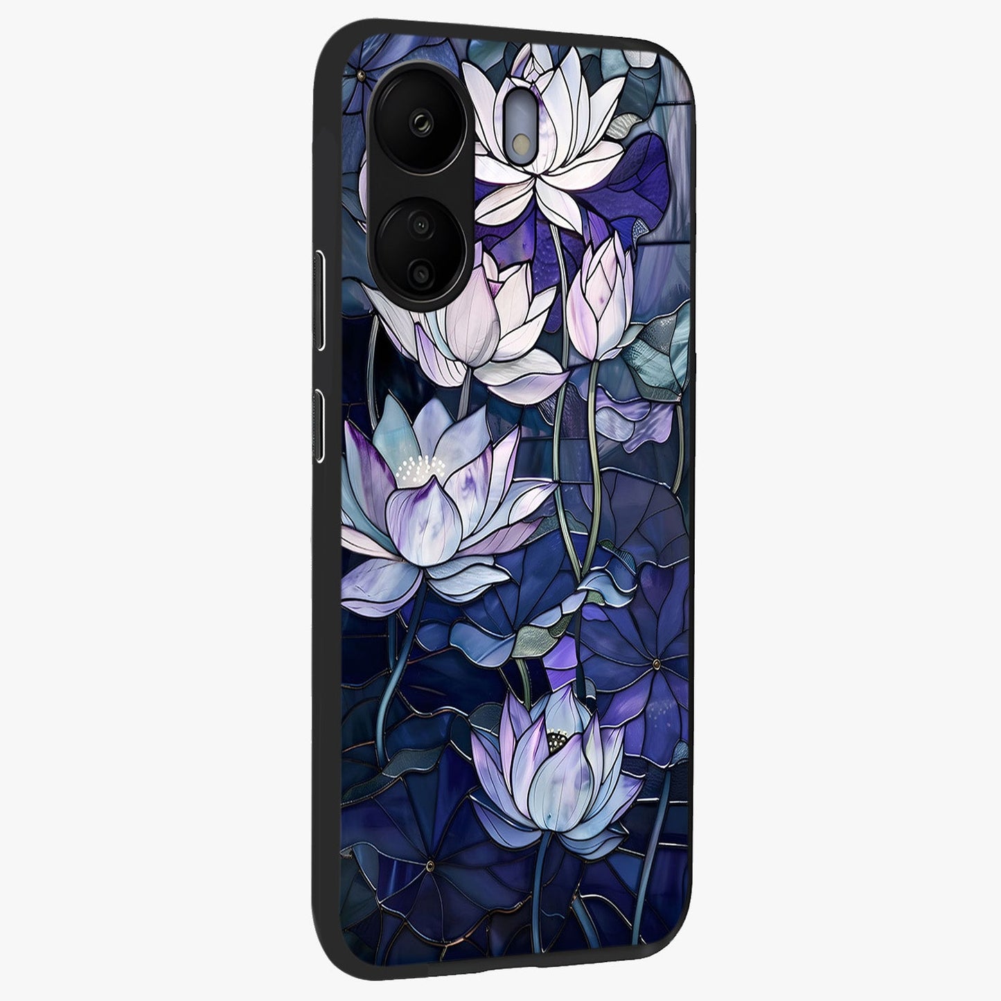 Gloss Petal Rush Glass Case upright view showcasing dynamic floral petal artwork with modern botanical theme.