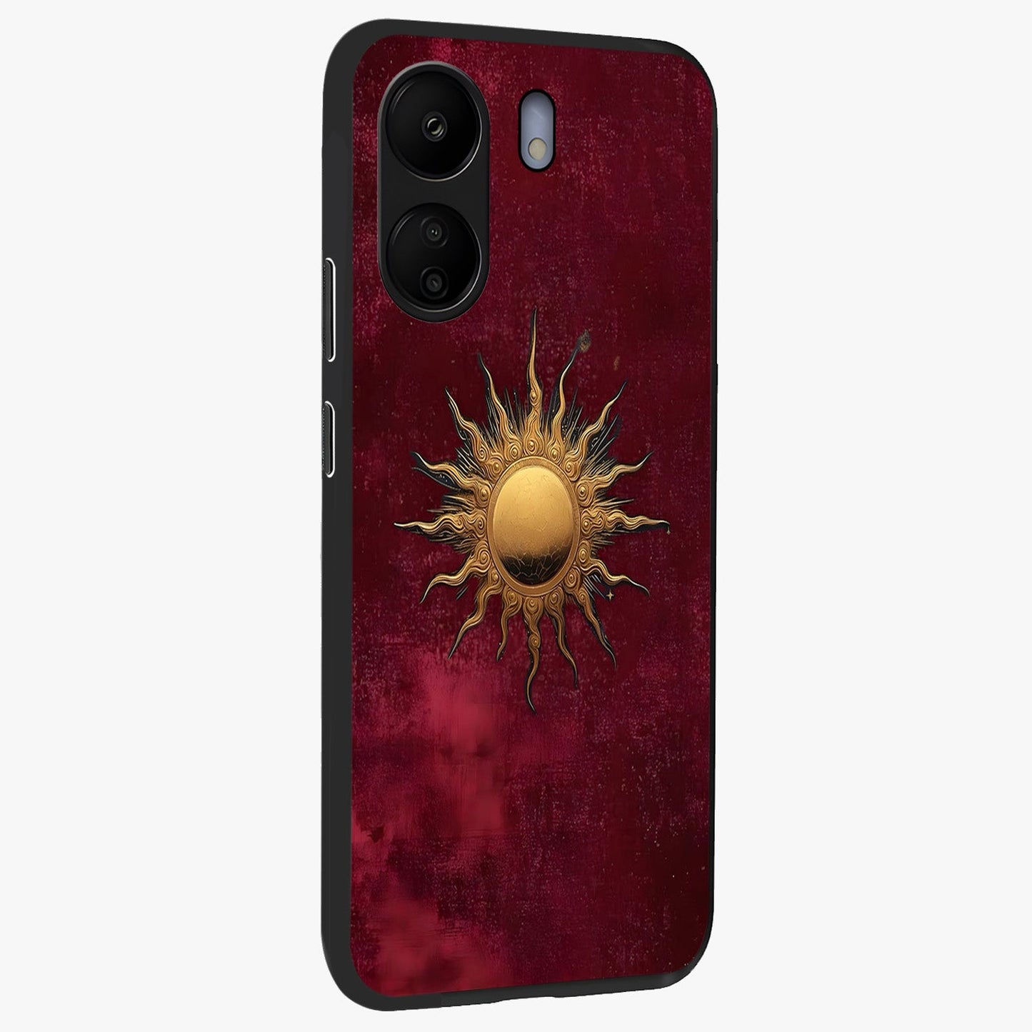 Golden Sun Minimalism Glass Case upright view showcasing simple golden sun artwork with elegant minimalist style.