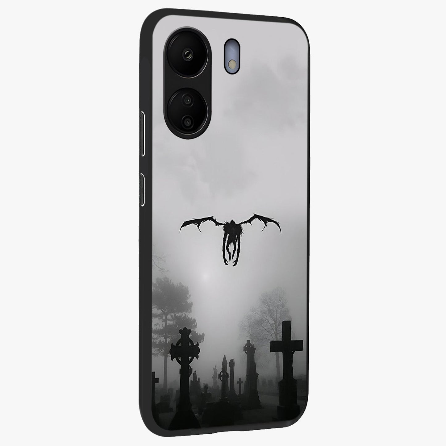 Graveyard Shadow Descent Glass Case upright view showcasing haunting graveyard artwork with dramatic dark theme.