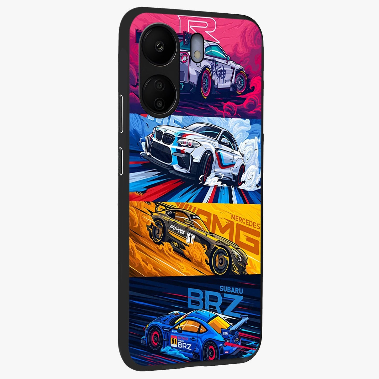 JDM Sports Car Glass Case upright view showcasing dynamic sports car artwork with bold racing theme.