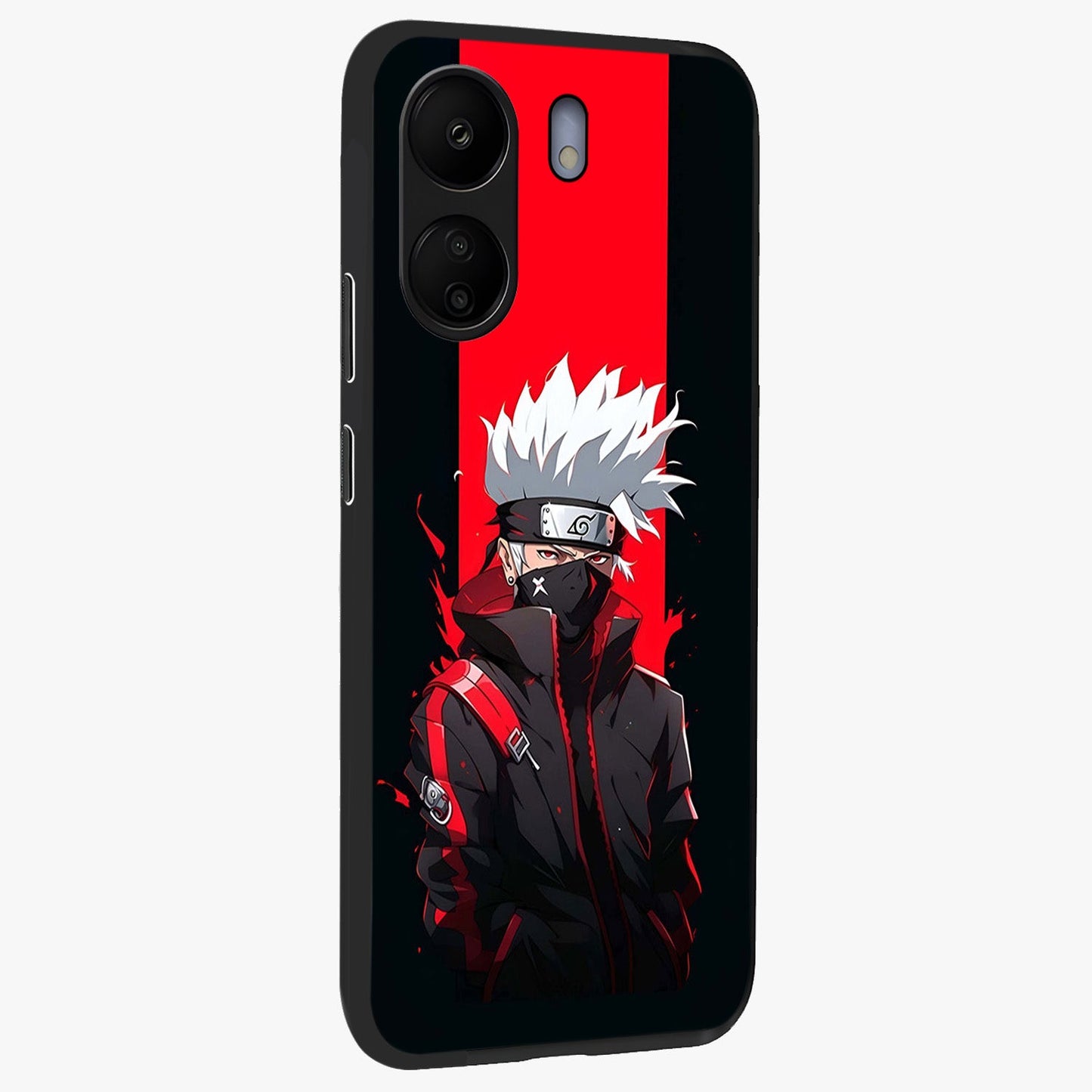 Kakashi Scarlet Shadow Glass Case upright view showcasing intense anime ninja artwork with dark action theme.