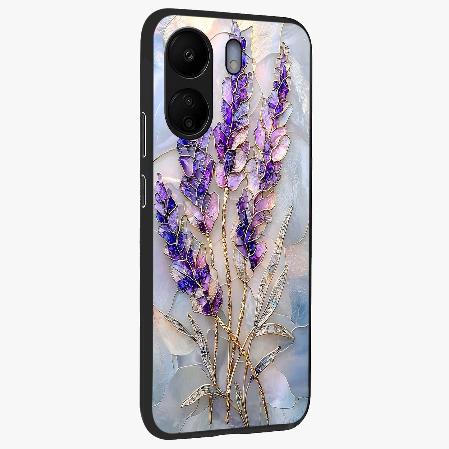 Lavender Dream Glow Glass Case upright view showcasing radiant lavender glow artwork with calming dreamy theme.