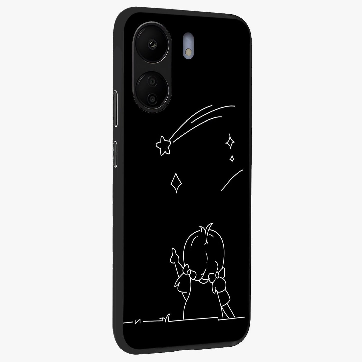 Line Art Girl With Shooting Stars Glass Case upright view showcasing delicate shooting stars artwork with minimal artistic theme.