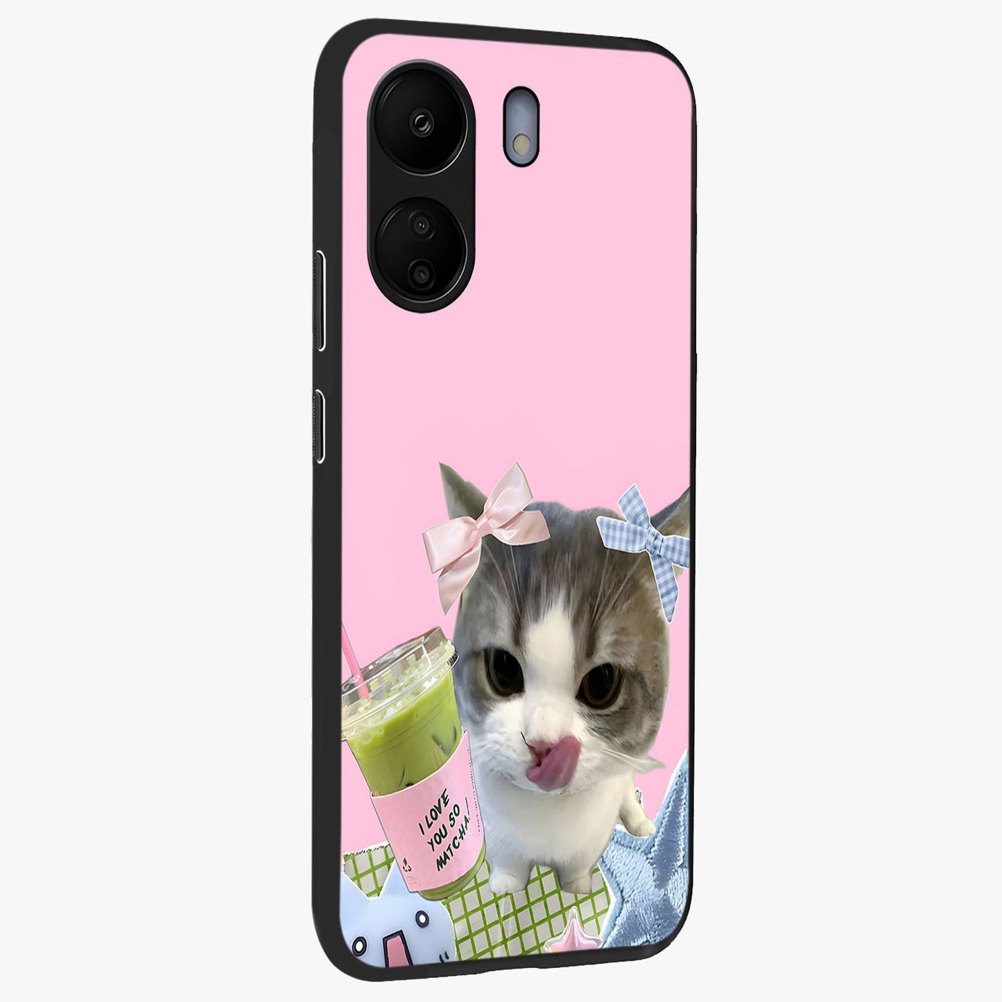 Love Matcha Cat Glass Case upright view showcasing adorable cat artwork with charming matcha themed design.