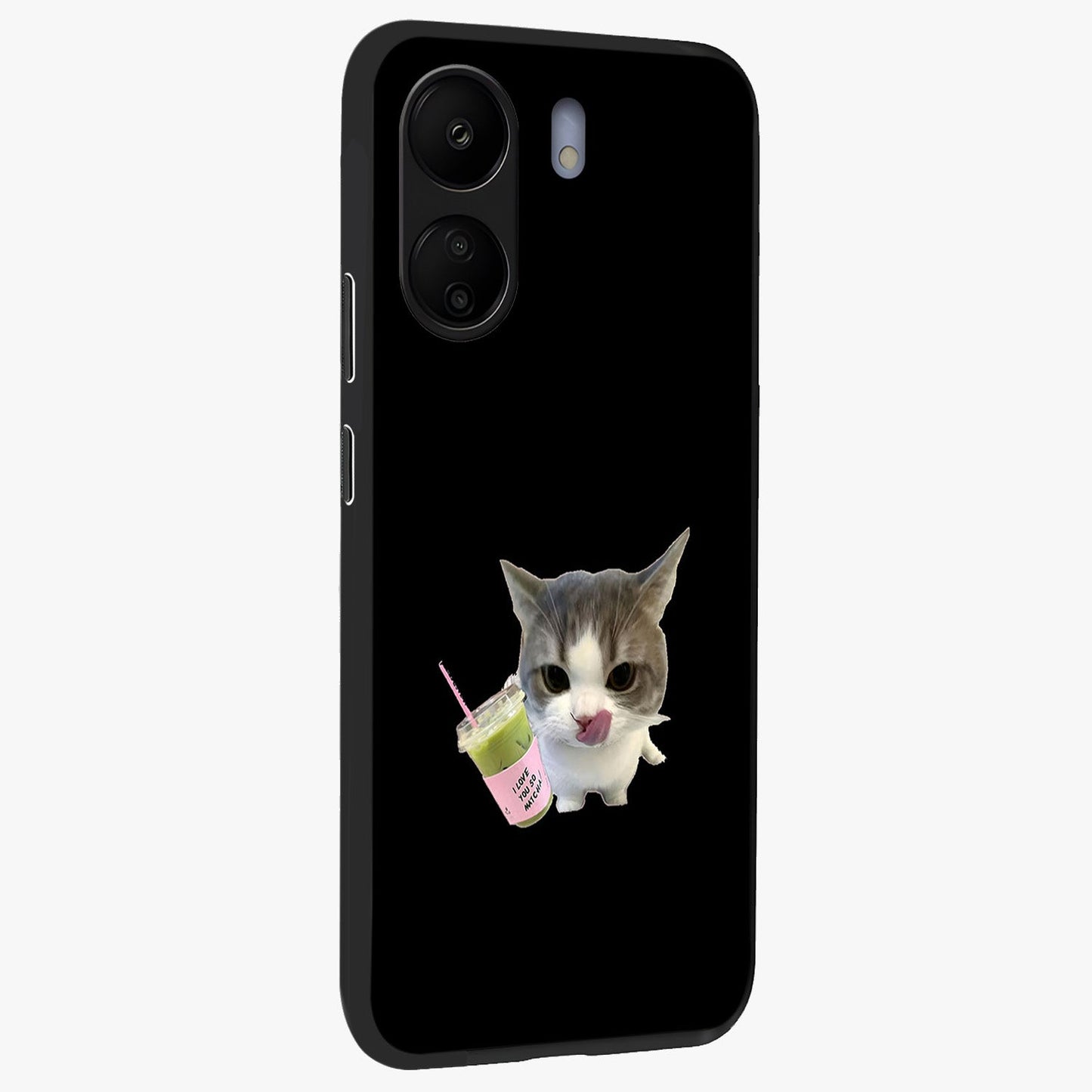 Matcha Cat Style Glass Case upright view showcasing charming cat artwork with cozy aesthetic theme.