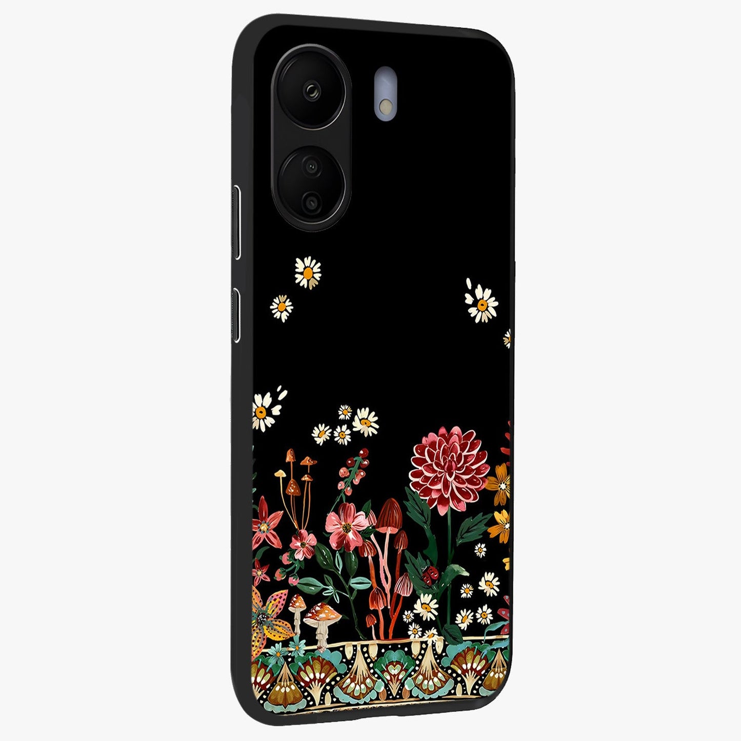 Midnight Bloom Pattern Glass Case upright view showcasing decorative floral artwork with deep night themed palette.