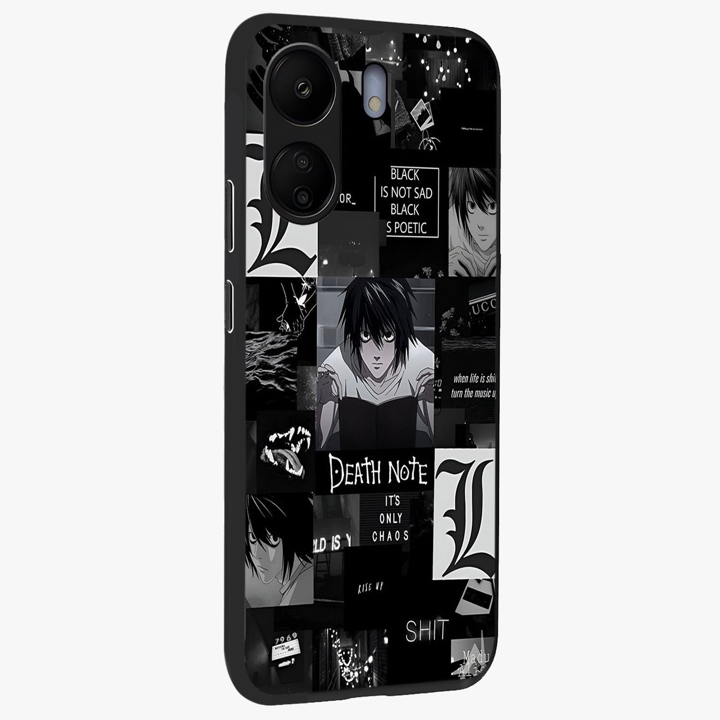 Midnight Chaos Mind Glass Case upright view showcasing expressive abstract artwork with bold dark theme.