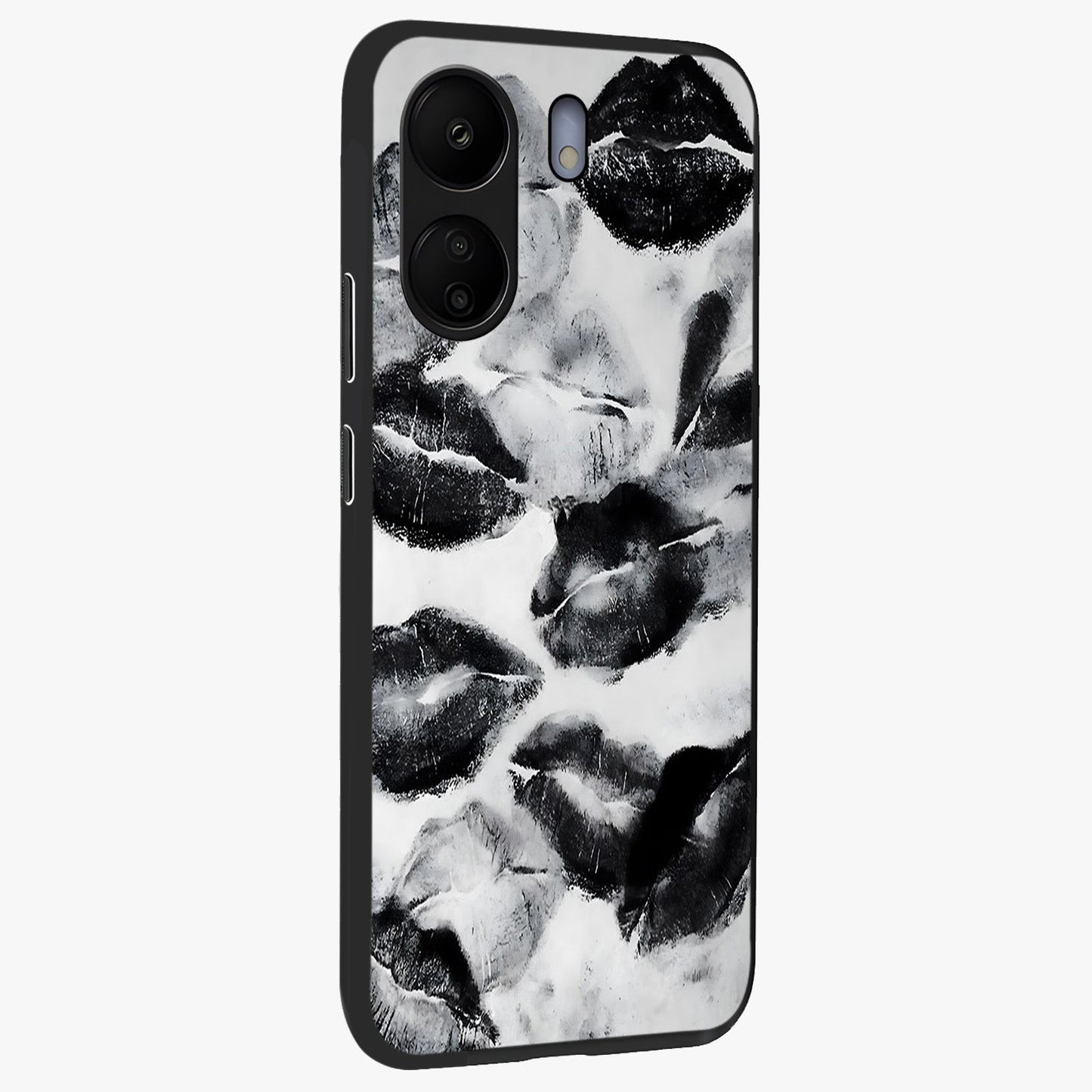 Midnight Kiss Marks Glass Case upright view showcasing stylish kiss mark artwork with trendy romantic theme.