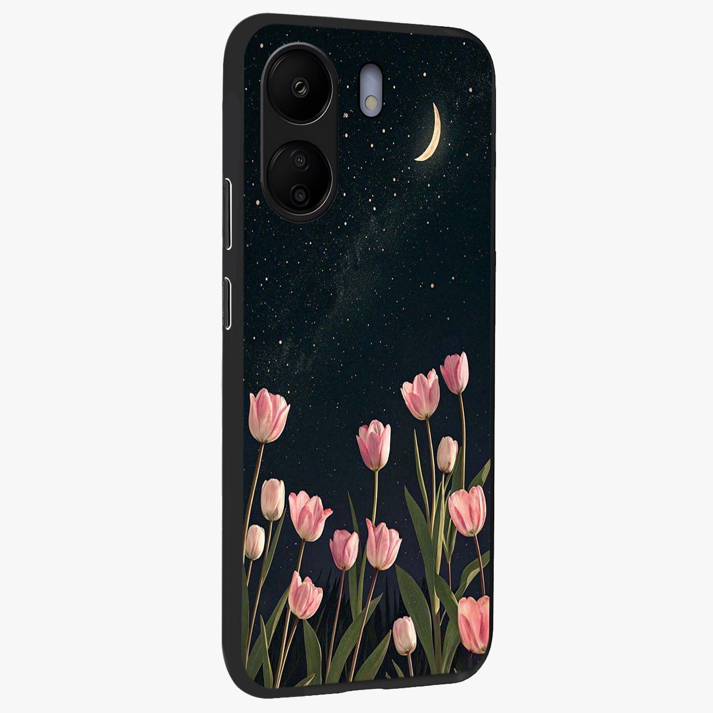 Midnight Tulip Whispers Vibe Glass Case upright view showcasing graceful tulip artwork with calm botanical theme.