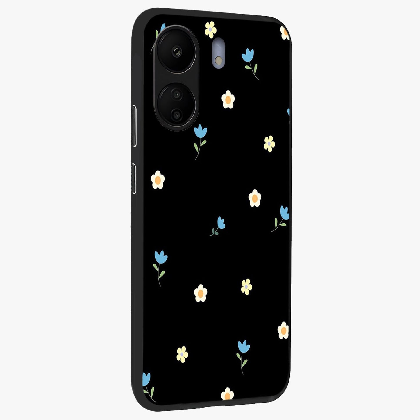 Minimal Petal Whispers Glass Case upright view showcasing elegant floral artwork with modern minimalist style.