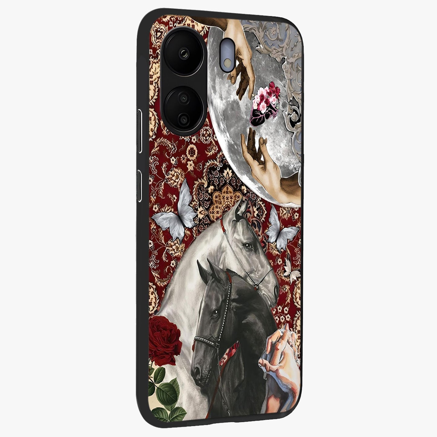 Moonlit Royal Stallion Glass Case upright view showcasing dramatic horse artwork with glowing moon themed design.