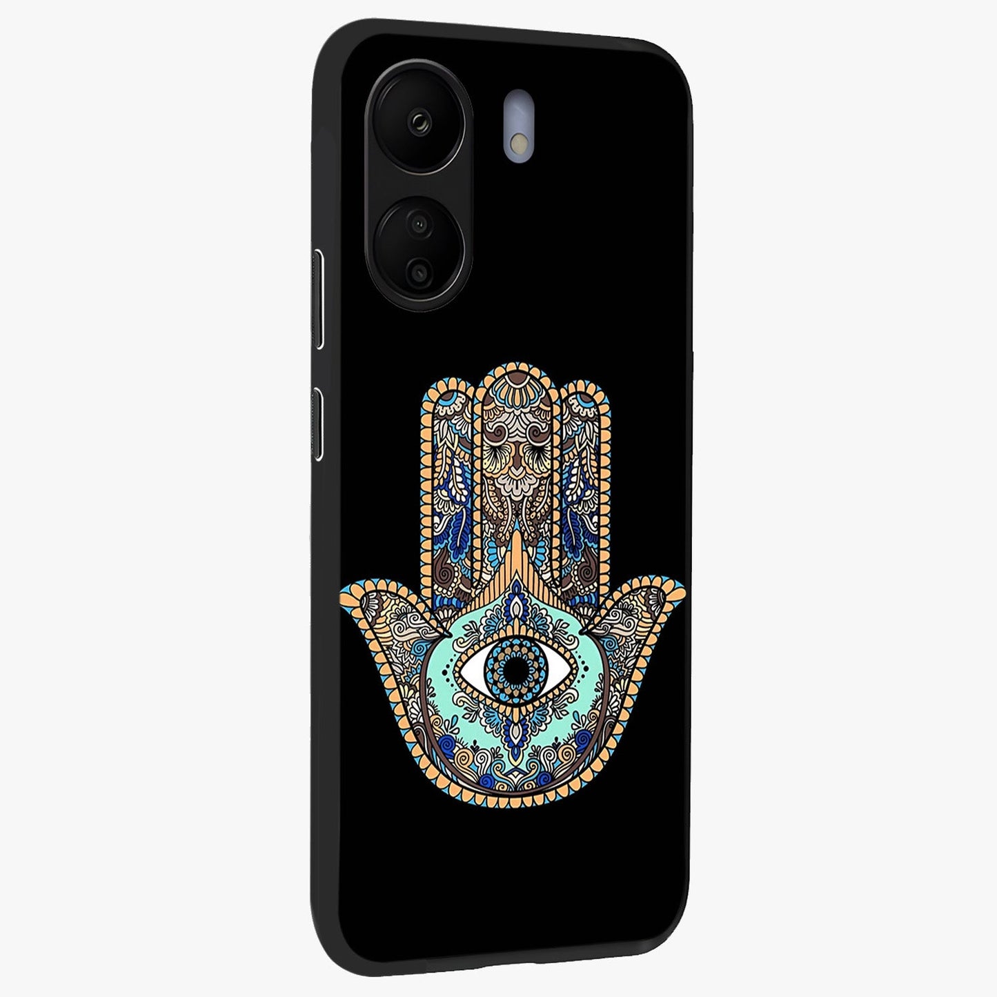 Mystic Hamsa Eye Glass Case upright view showcasing detailed hamsa eye artwork with protective spiritual theme.