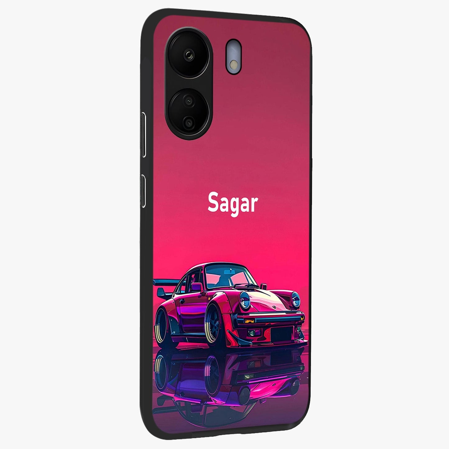 Neon Pink Porsche Glass Case upright view showcasing vibrant sports car artwork with bold automotive theme.
