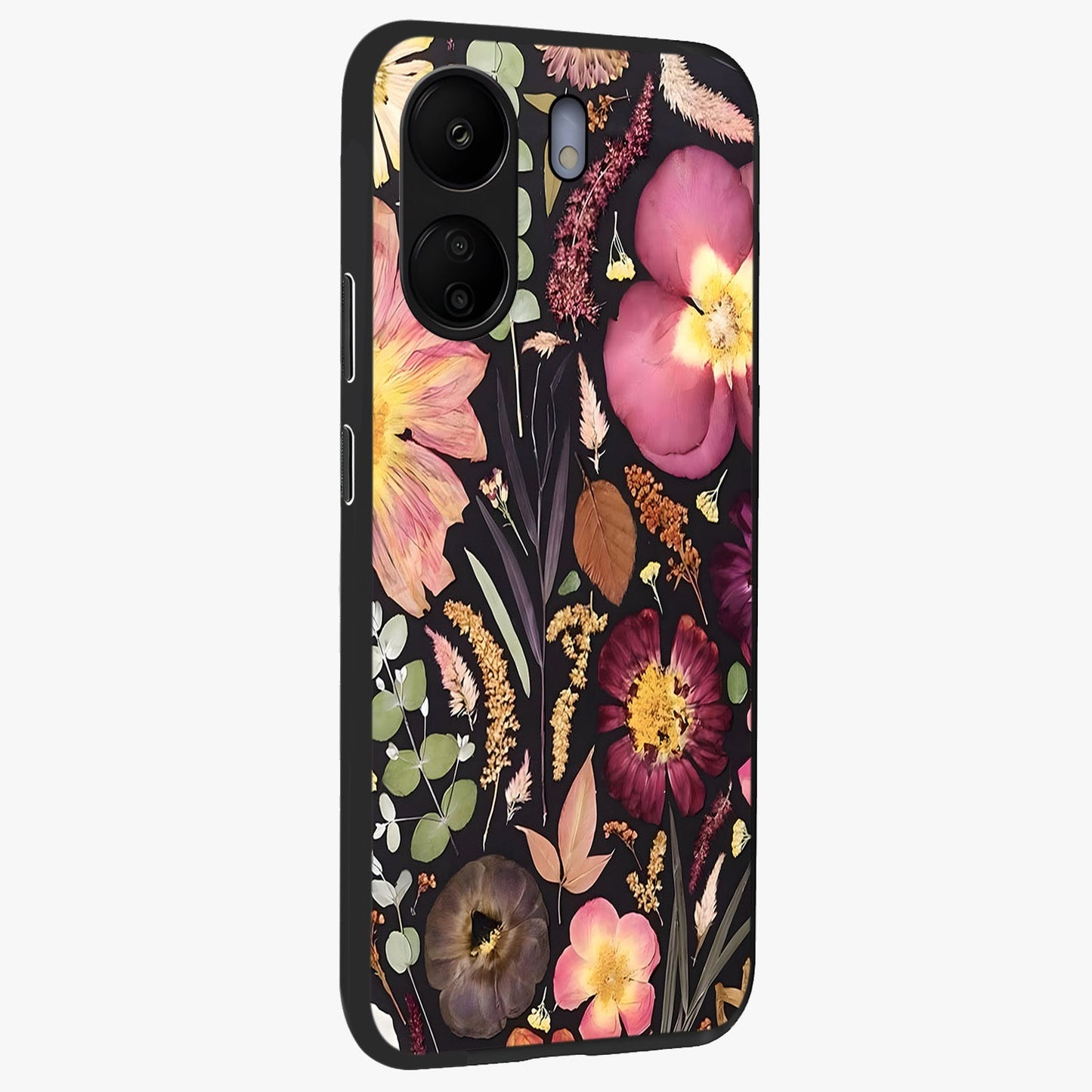 Petal Dream Tapestry Glass Case upright view showcasing detailed floral tapestry artwork with artistic nature theme.