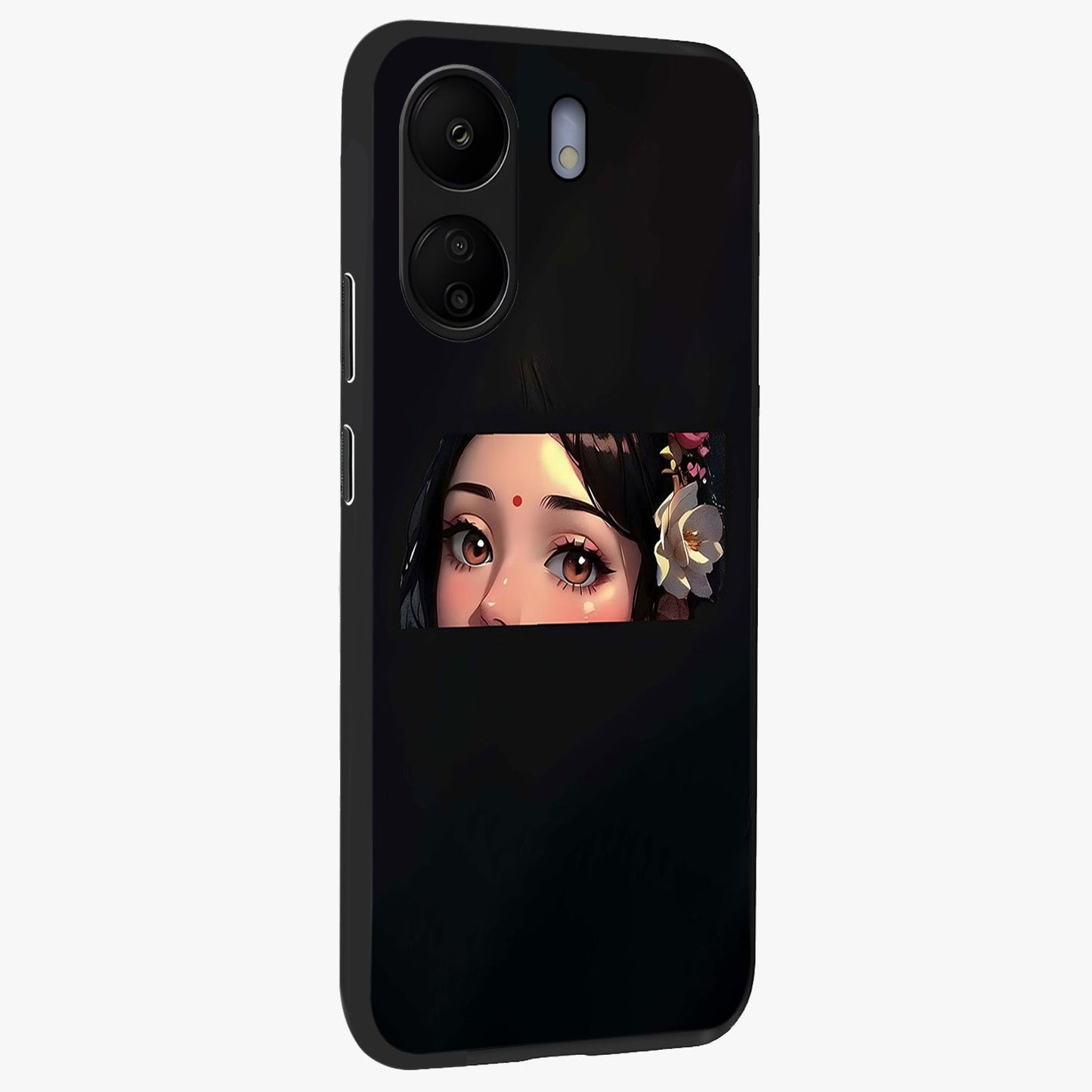 Radha Divine Embrace Glass Case upright view showcasing sacred Radha themed artwork with peaceful devotional style.