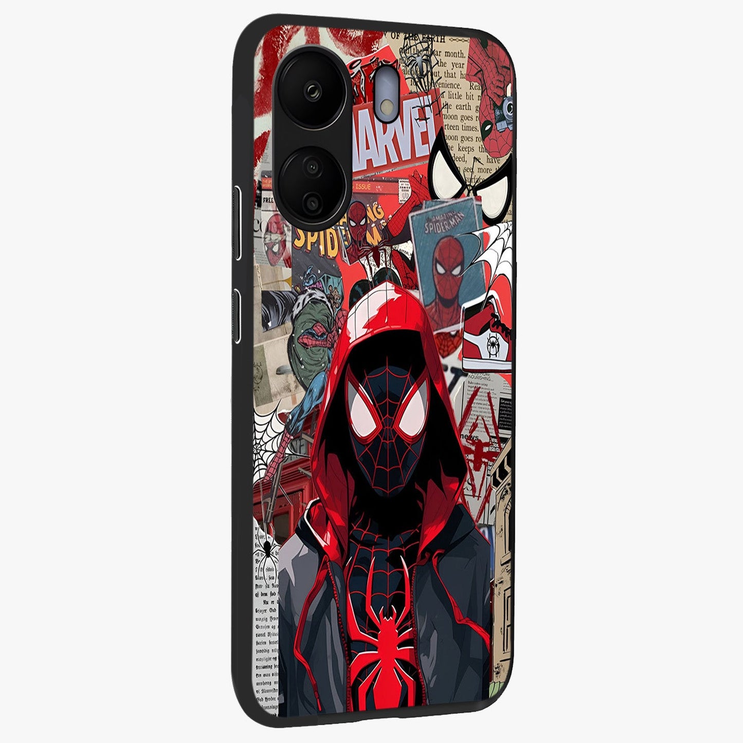 Spider Collage Street Glass Case upright view showcasing bold superhero artwork with urban street theme.