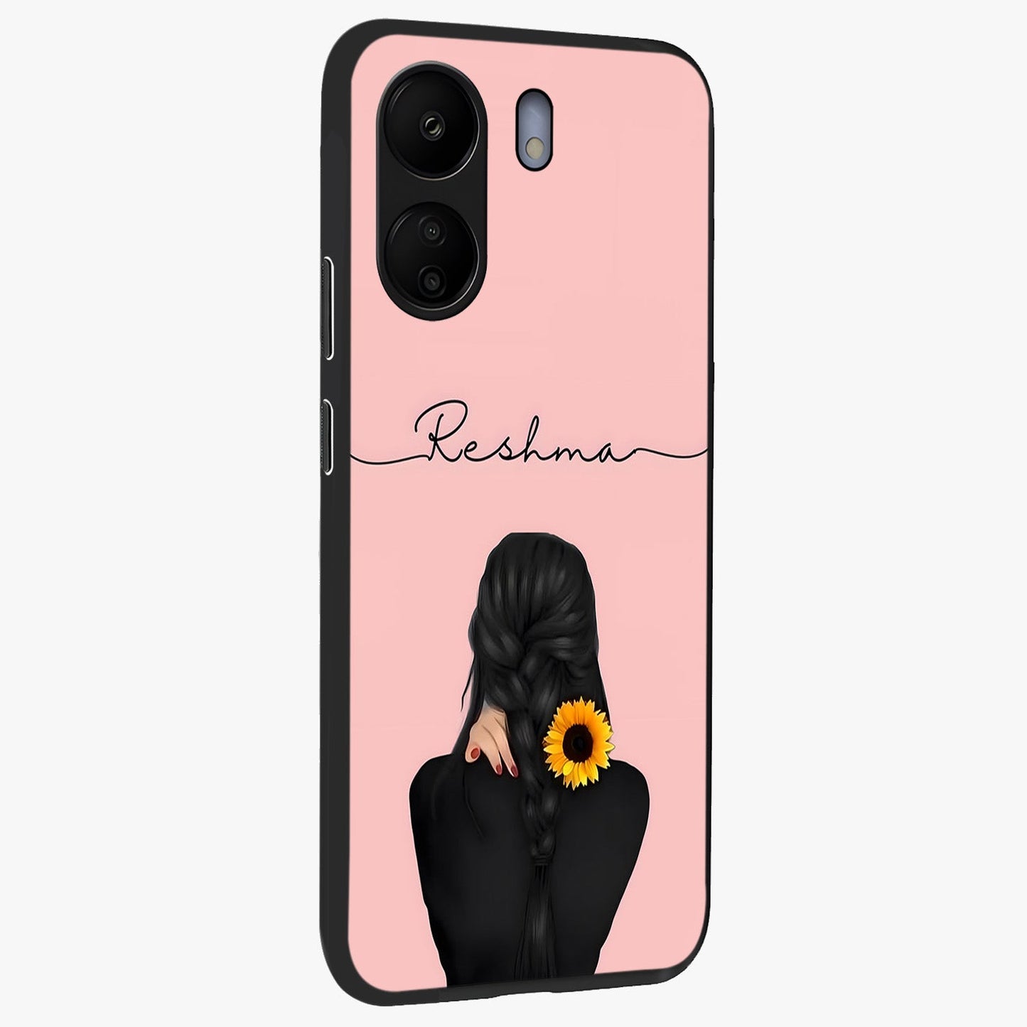 Sunflower Braid Beauty With Custom Name Glass Case upright view showcasing bright sunflower artwork with personalized floral aesthetic.