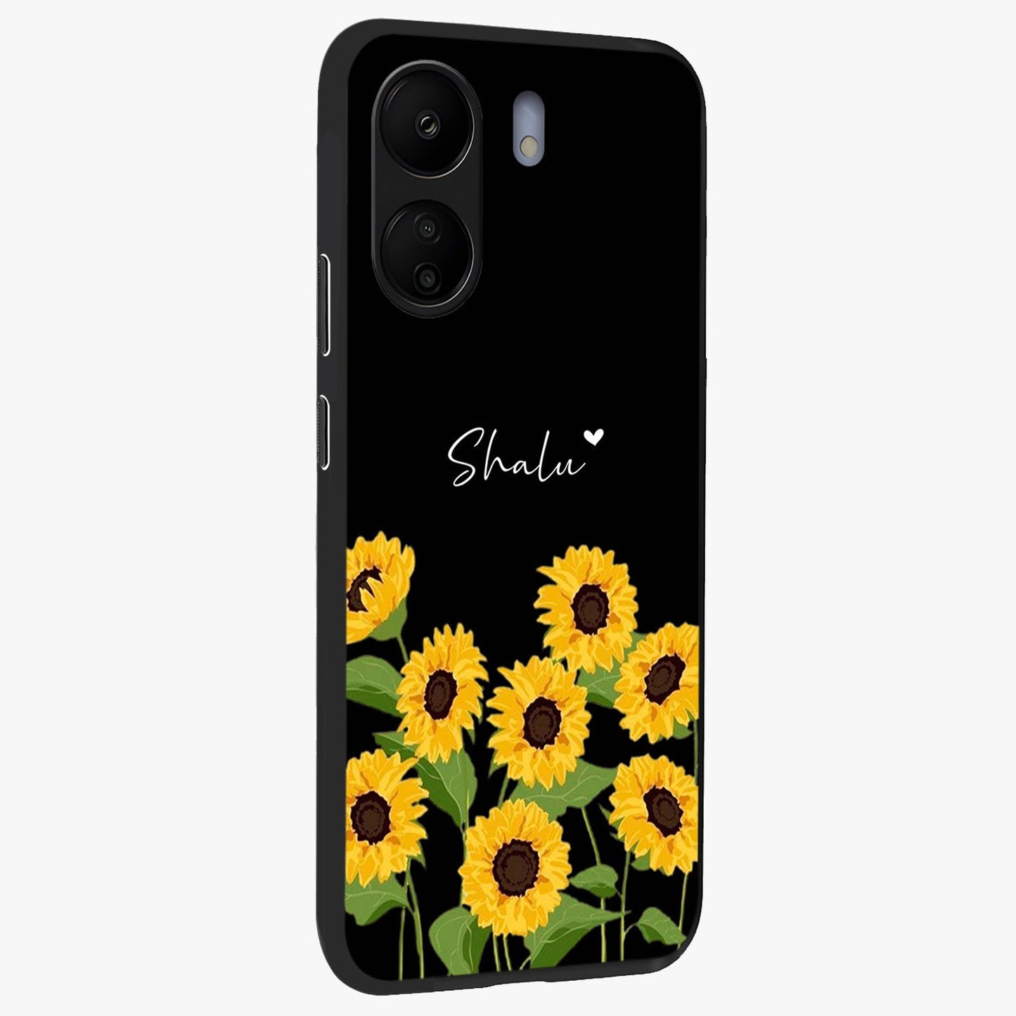 Sunflower Chic Mood Custom Name Glass Case upright view showcasing cheerful sunflower artwork with trendy floral theme.