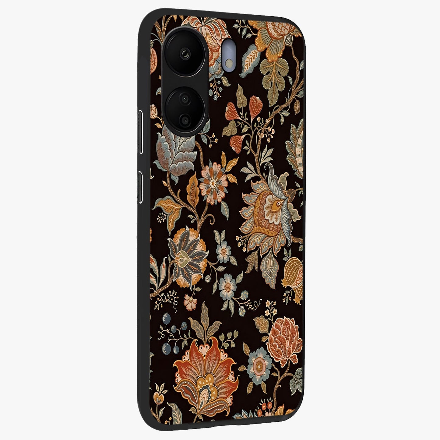 Vintage Floral Dream Glass Case upright view showcasing delicate floral artwork with timeless vintage theme.