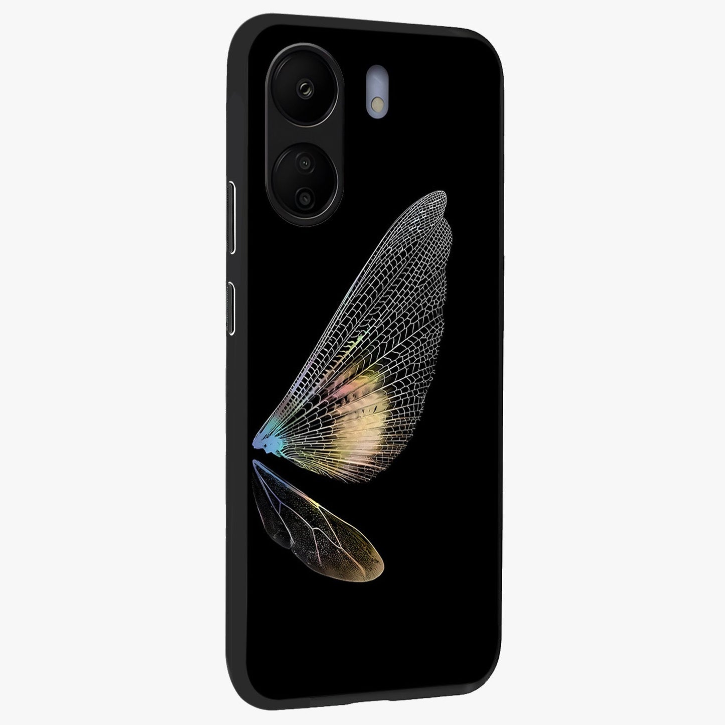 Whispers Of Wings Glass Case upright view showcasing elegant wing artwork with light airy theme.