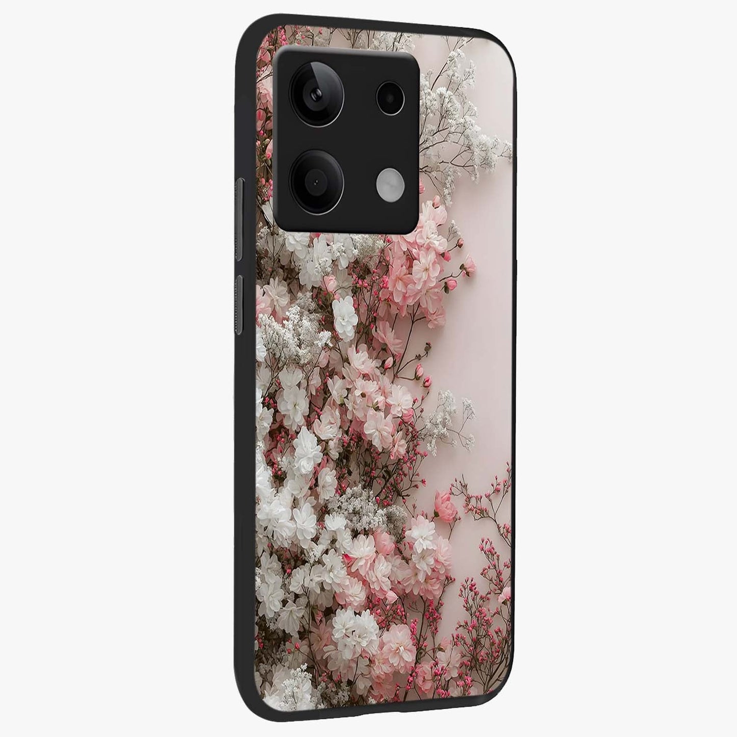 Blush Blossom Cloud Glass Case upright view showcasing calm floral cloud artwork with gentle dreamy theme.