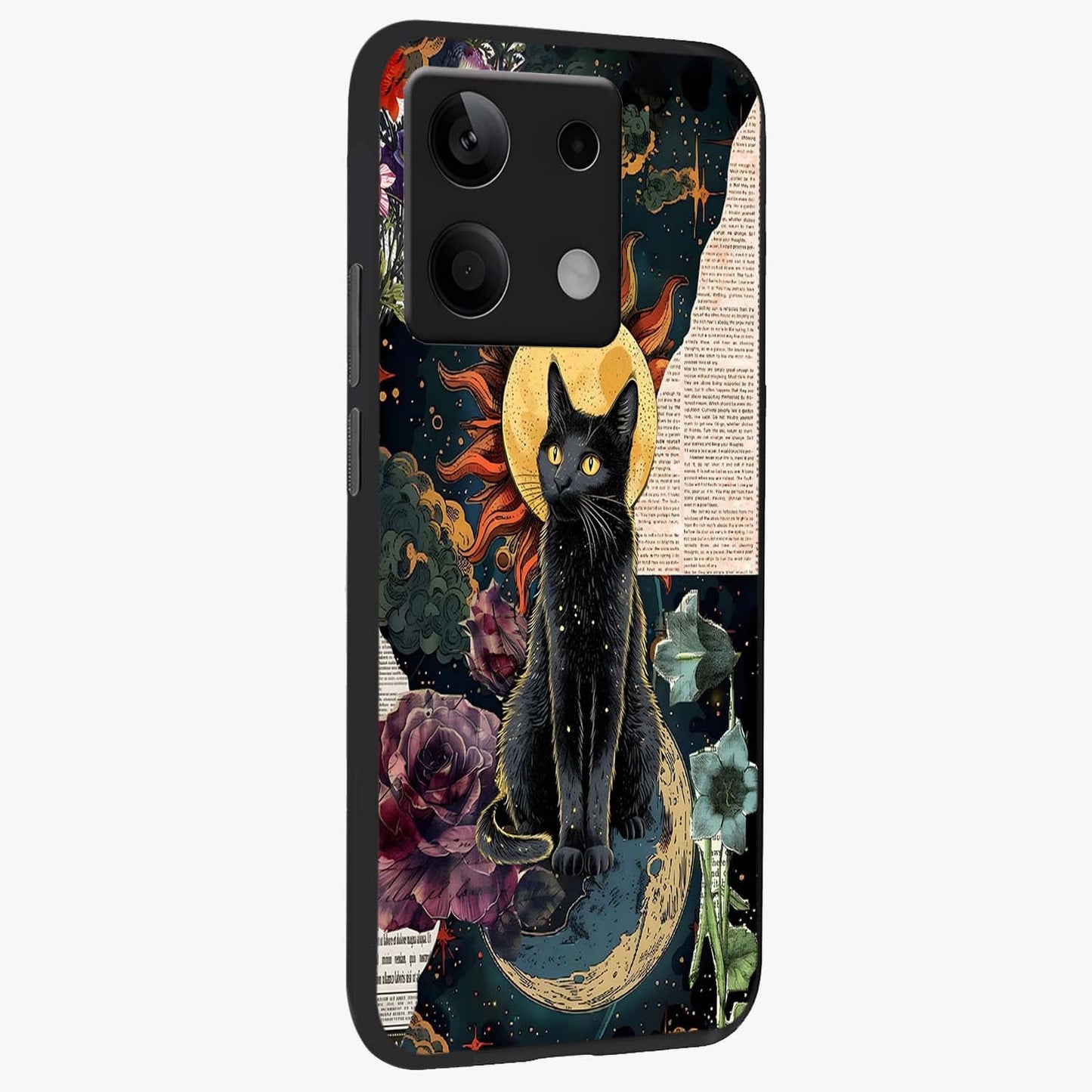 Celestial Black Cat Glass Case upright view showcasing magical black cat illustration with starry cosmic theme.