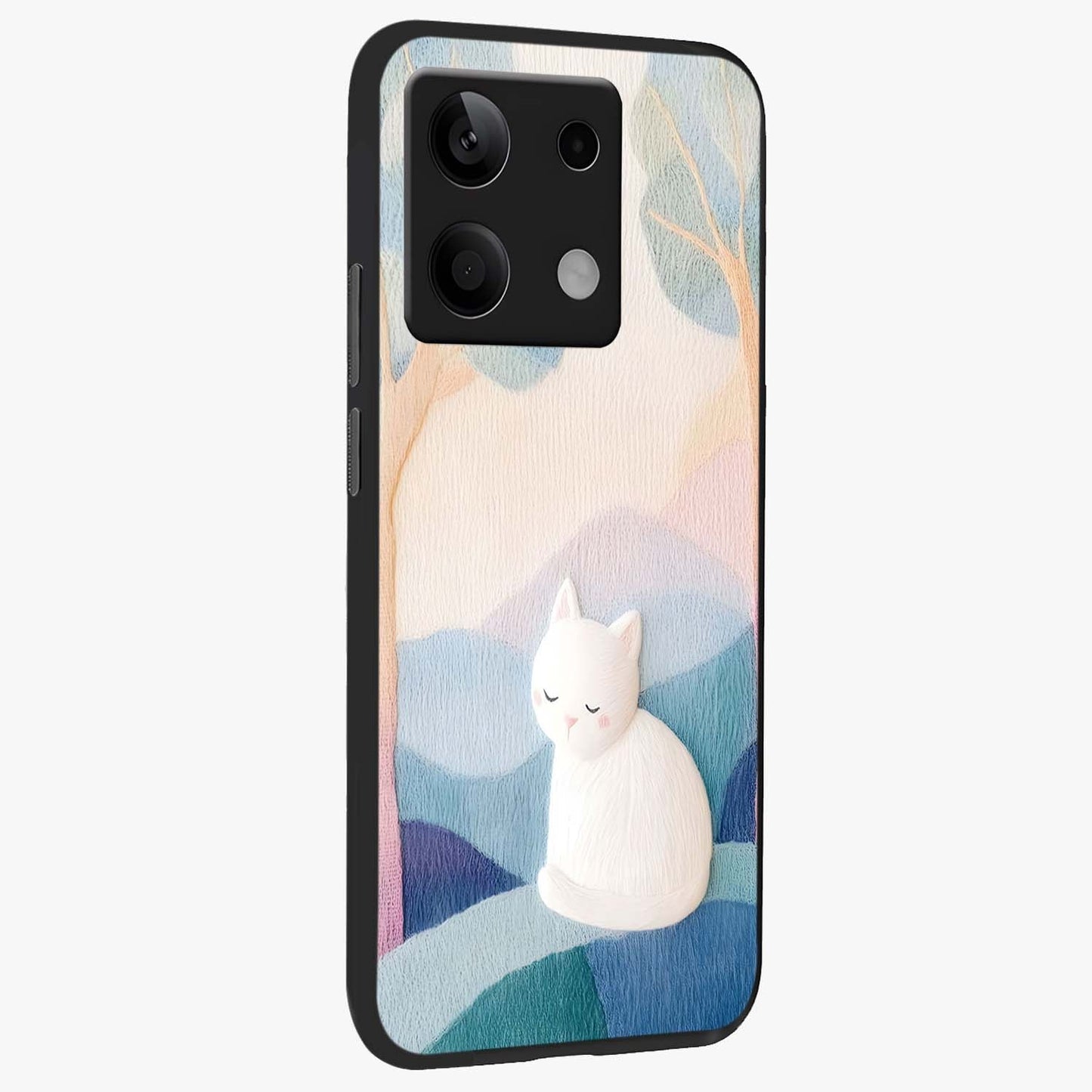 Cotton Dream Cat Glass Case upright view showcasing charming cat artwork with cozy dreamy theme.