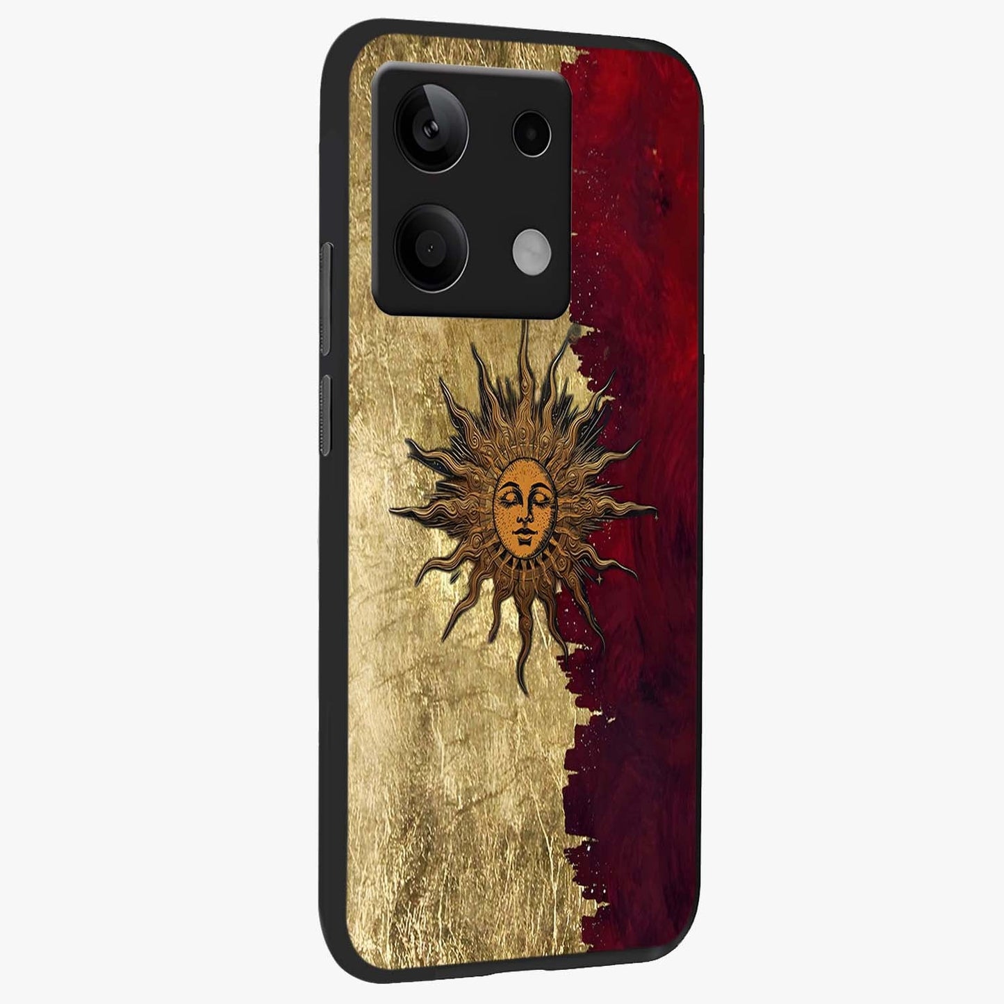 Crimson Sun Majesty Glass Case upright view showcasing vibrant sun artwork with powerful celestial theme.