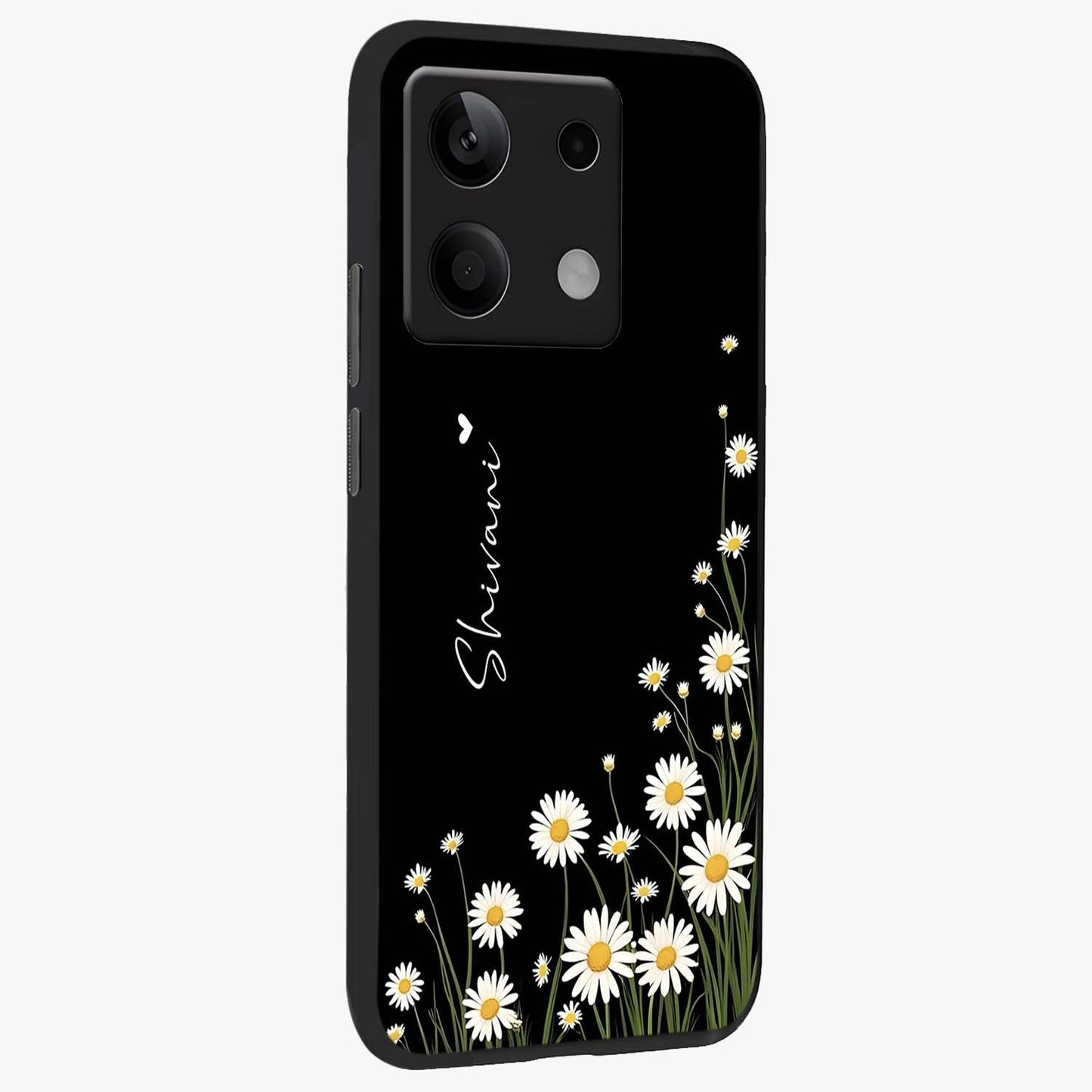Daisy Cascade Custom Name Glass Case upright view showcasing elegant floral cascade design with personalized aesthetic.