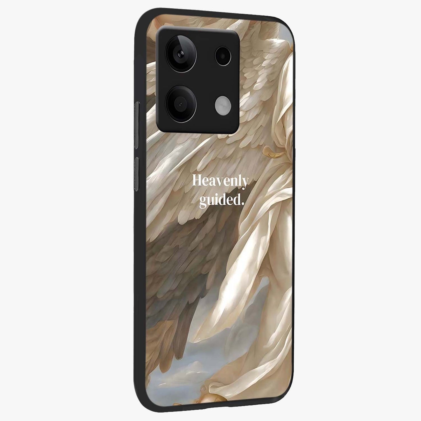 Divine Winged Grace Glass Case upright view showcasing spiritual wing artwork with soft celestial theme.