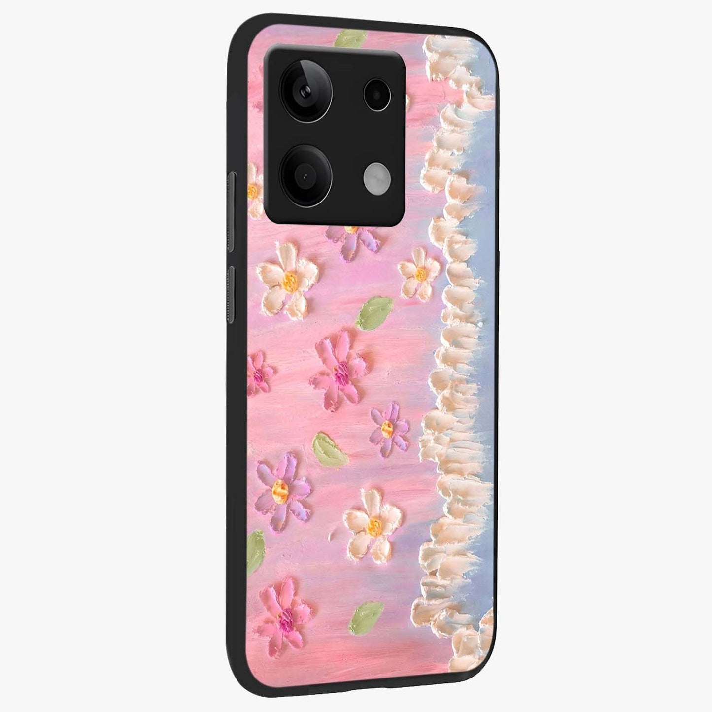 Dreamy Painted Garden Glass Case upright view showcasing vibrant floral garden artwork with artistic nature theme.