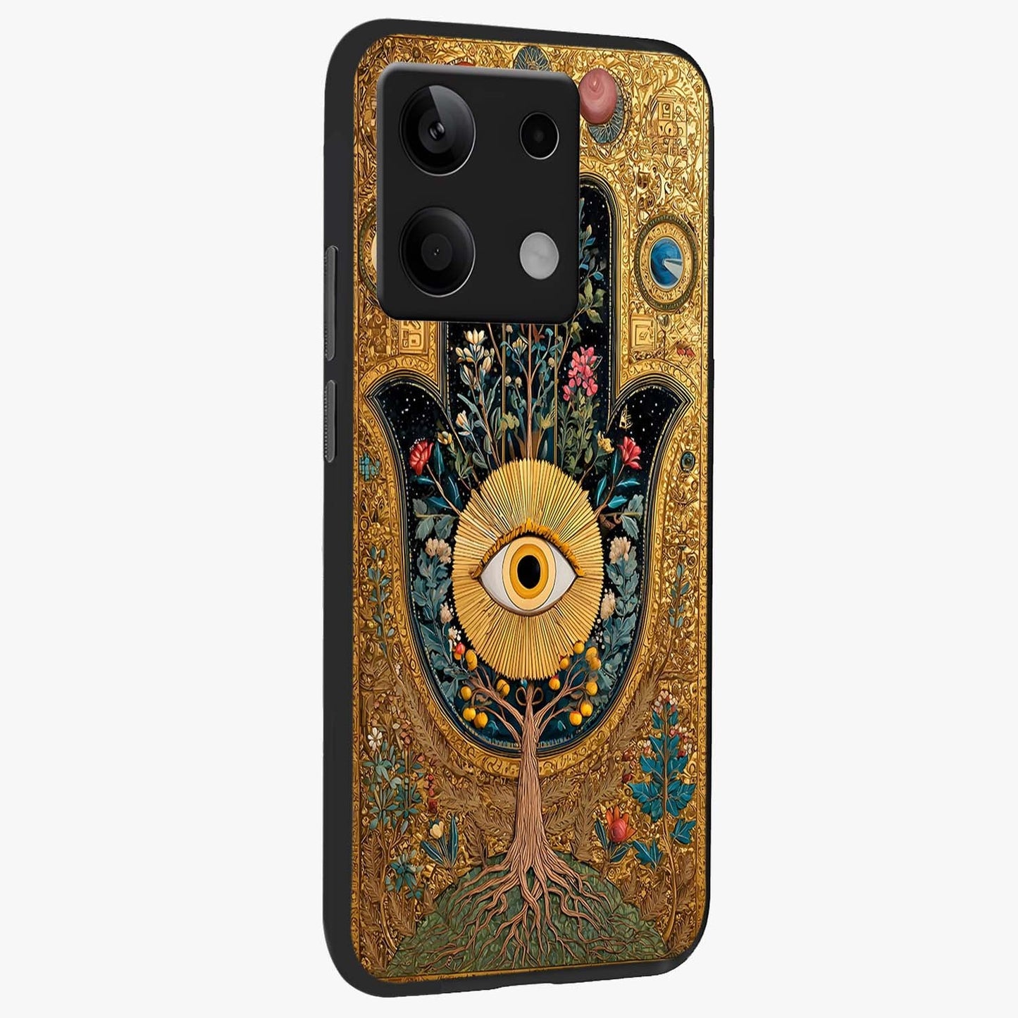 Ethereal Evil Eye Glass Case upright view showcasing celestial evil eye artwork with mystical theme.
