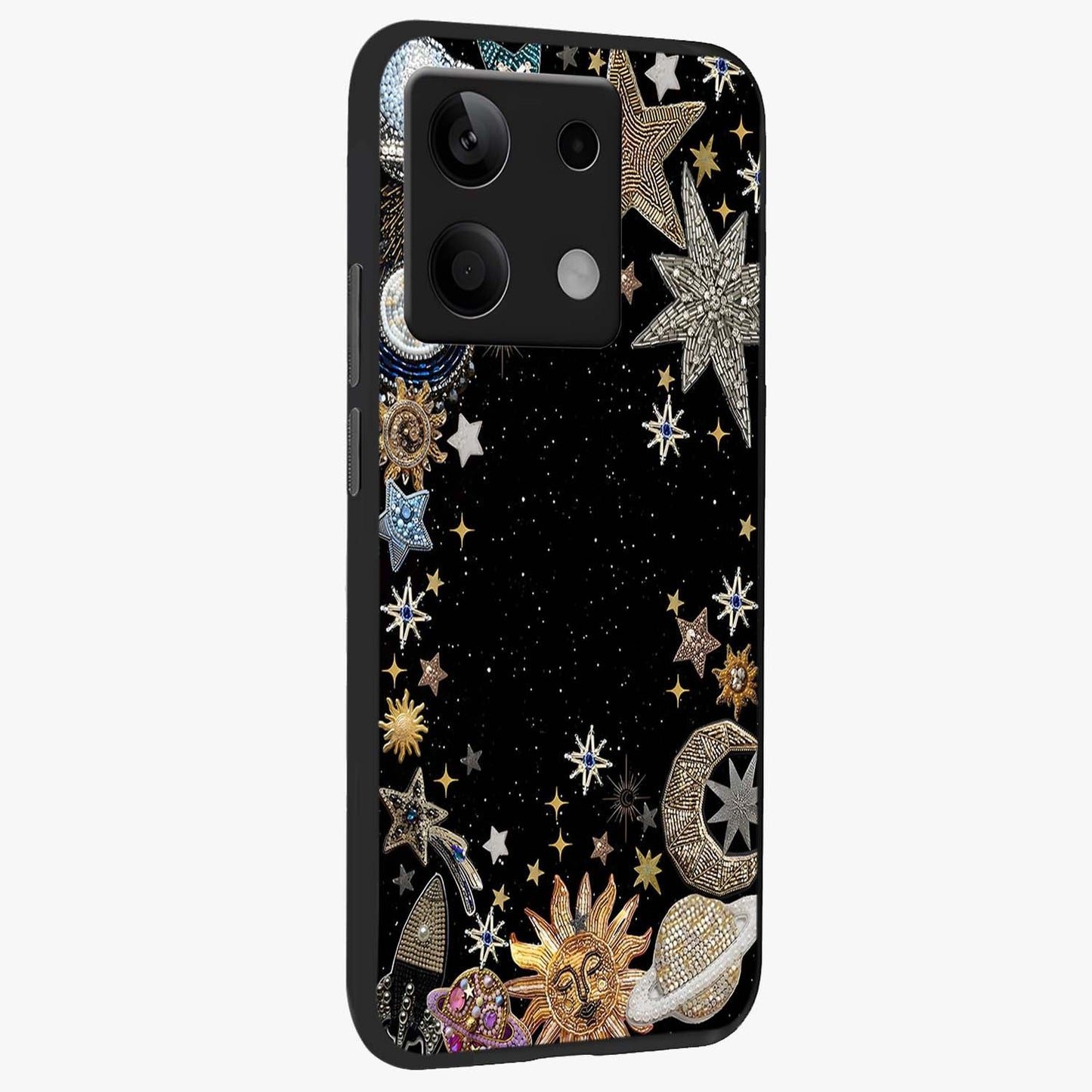 Galactic Jewel Stars Glass Case upright view showcasing glittering star jewel artwork with vibrant galaxy theme.