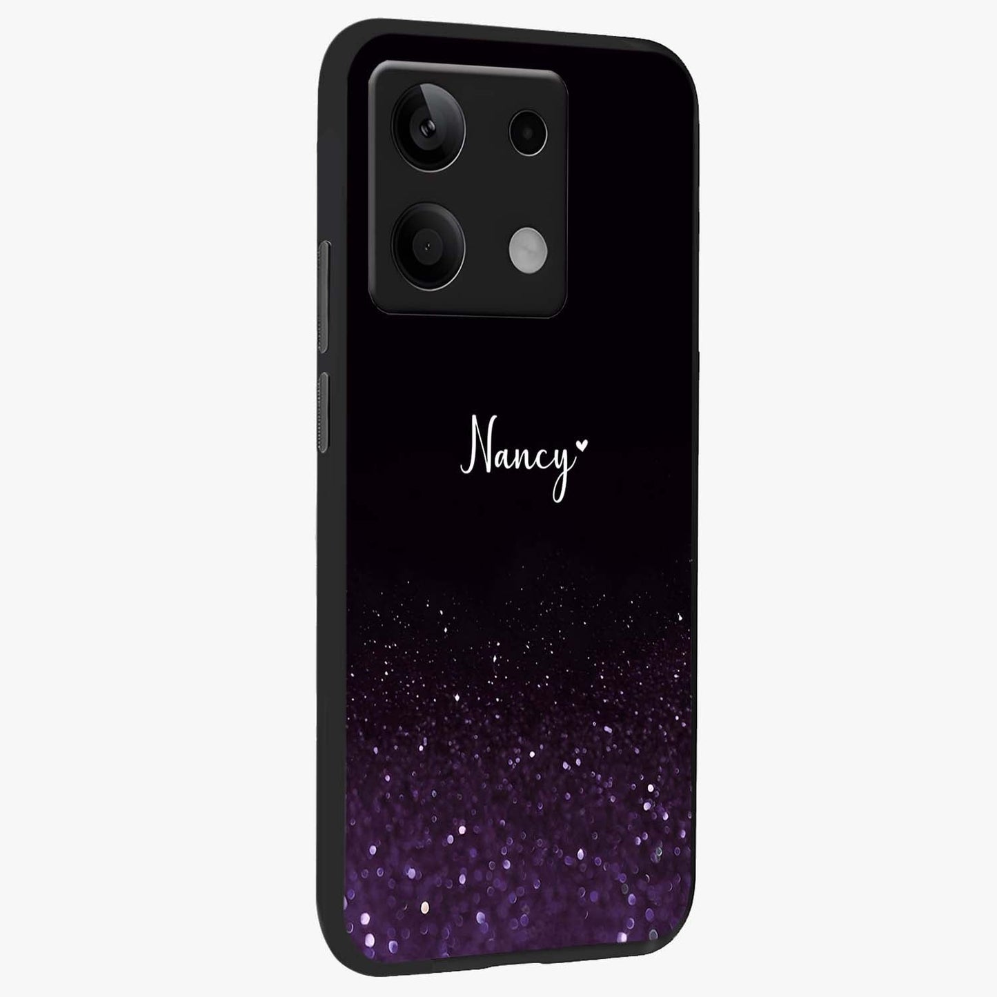 Glittery Purple Bokeh Custom Name Glass Case upright view showcasing vibrant purple sparkle artwork with personalized aesthetic style.