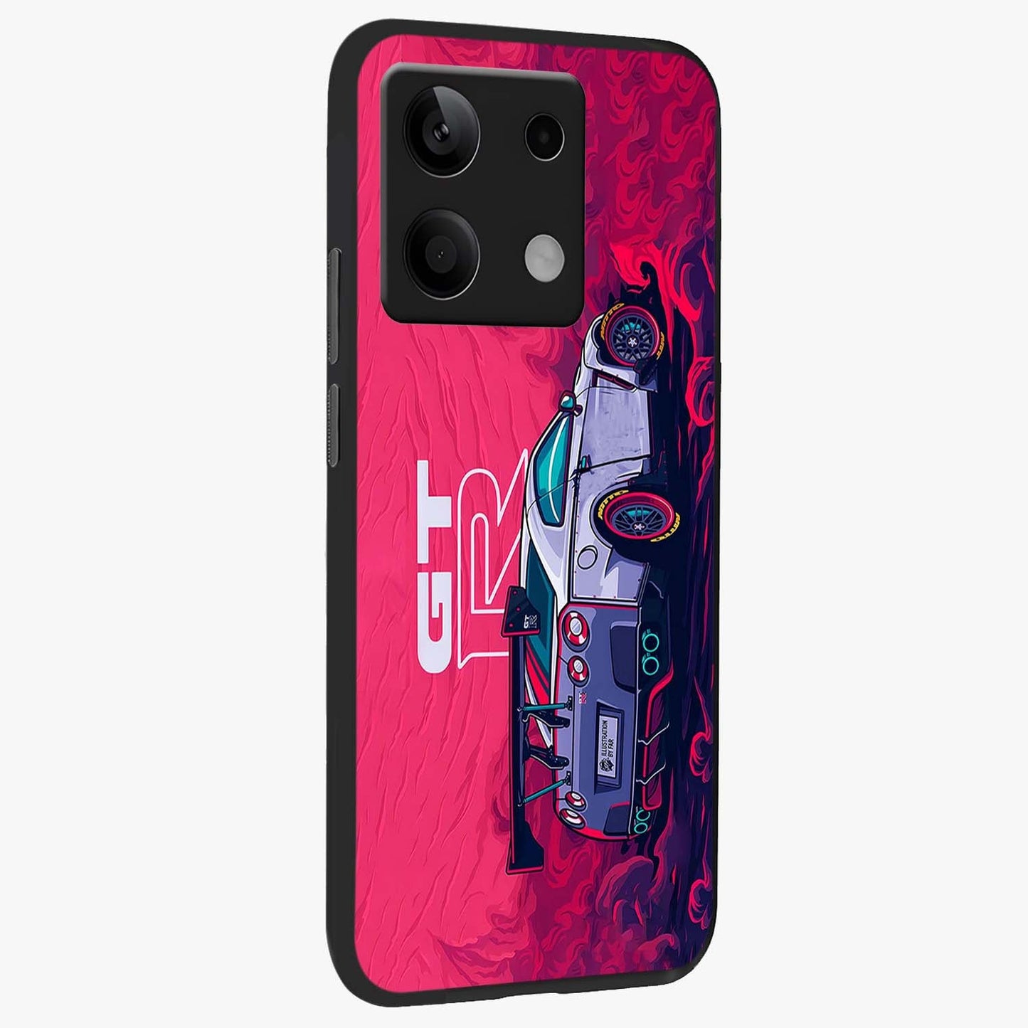 GT-R Car Pattern Glass Case upright view showcasing dynamic car pattern artwork with modern sports theme.