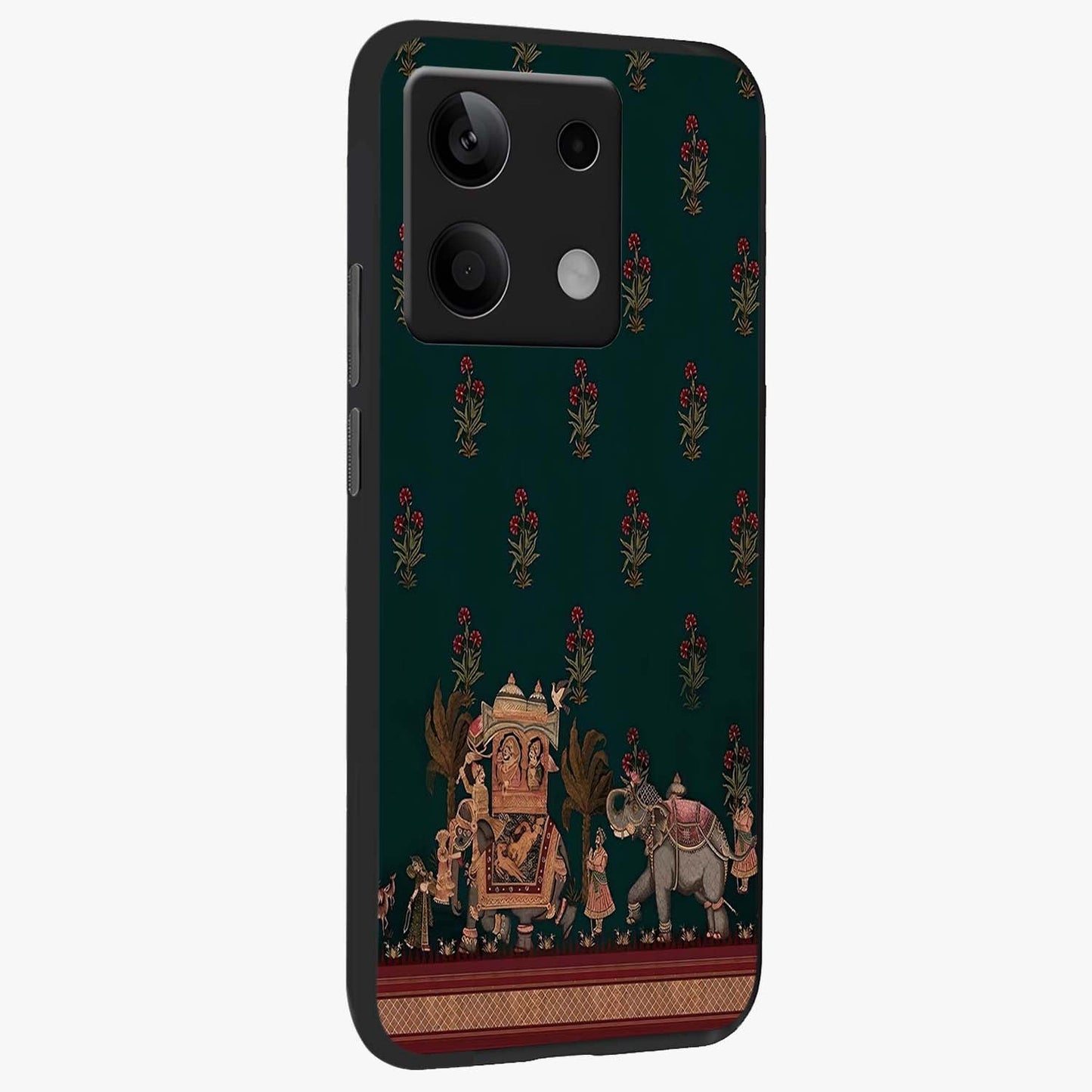 Macmerise Glass Case upright view showcasing bold artistic artwork with contemporary design theme.