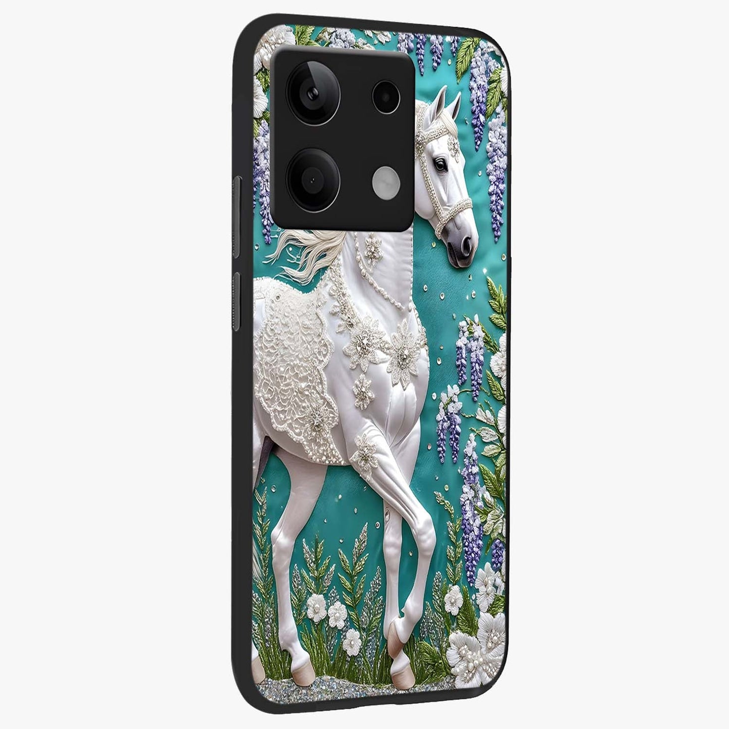 Majestic Floral Stallion Glass Case upright view showcasing dramatic horse artwork with decorative floral theme.