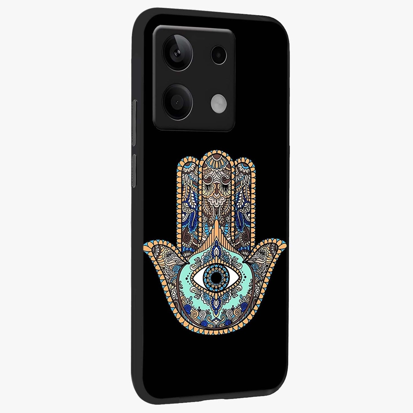 Mystic Hamsa Eye Glass Case upright view showcasing detailed hamsa eye artwork with protective spiritual theme.