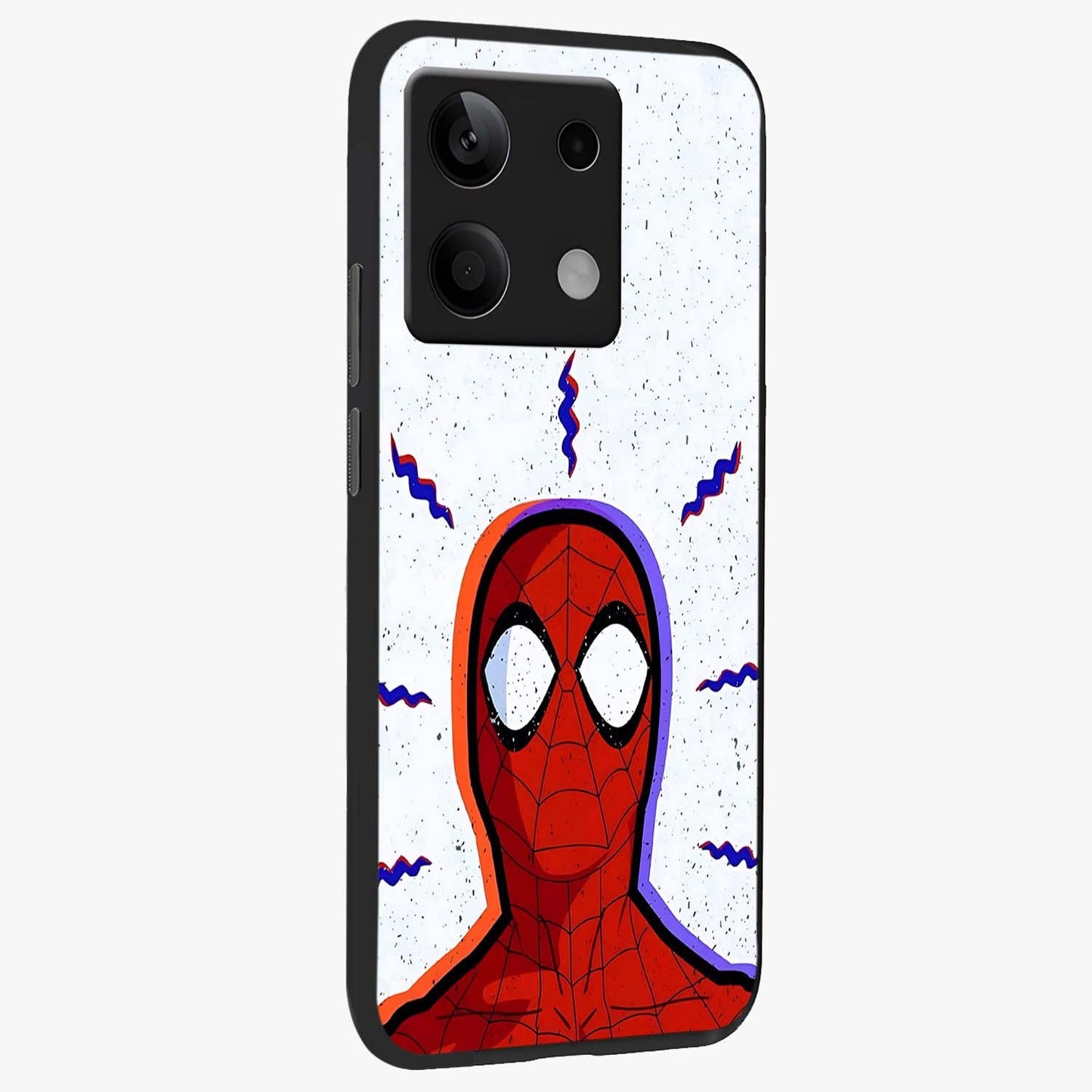 Omg Spiderman Glass Case upright view showcasing energetic superhero artwork with vibrant comic theme.
