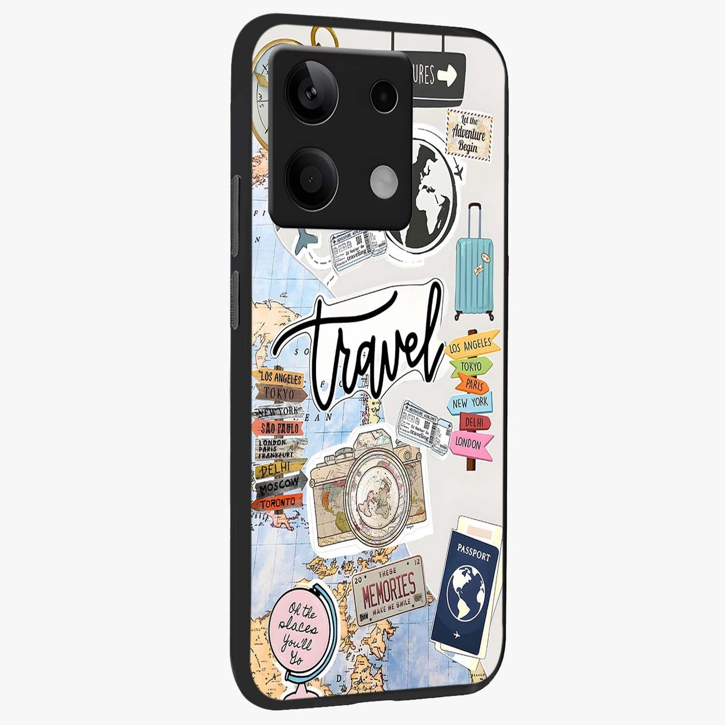 Wanderlust Journal Glass Case upright view showcasing wanderlust inspired artwork with creative exploration theme.