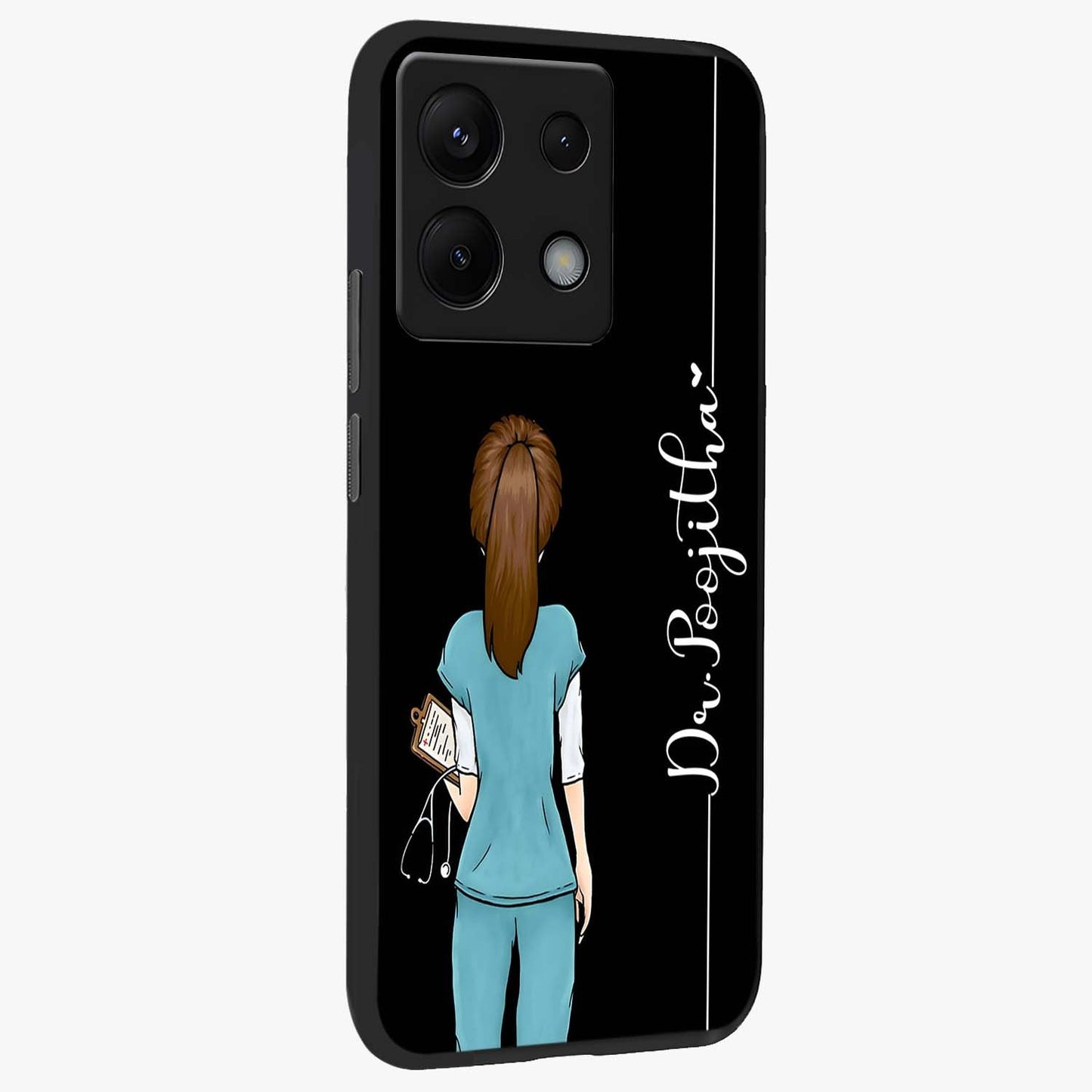 Doctor Pattern Custom Name Glass Case upright view showcasing healthcare themed design with personalized aesthetic.