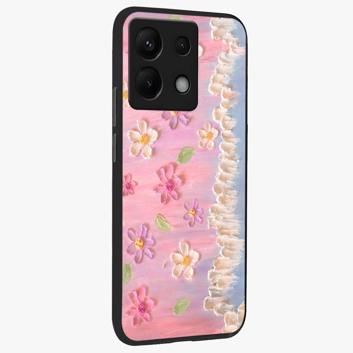 Dreamy Painted Garden Glass Case upright view showcasing vibrant floral garden artwork with artistic nature theme.