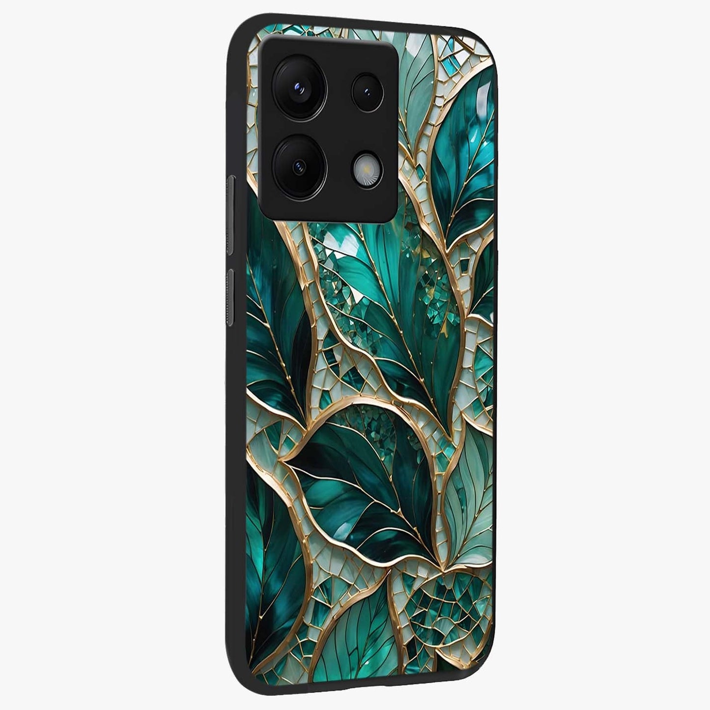 Emerald Leaf Glass Glass Case upright view showcasing fresh green leaf artwork with calming nature inspired style.