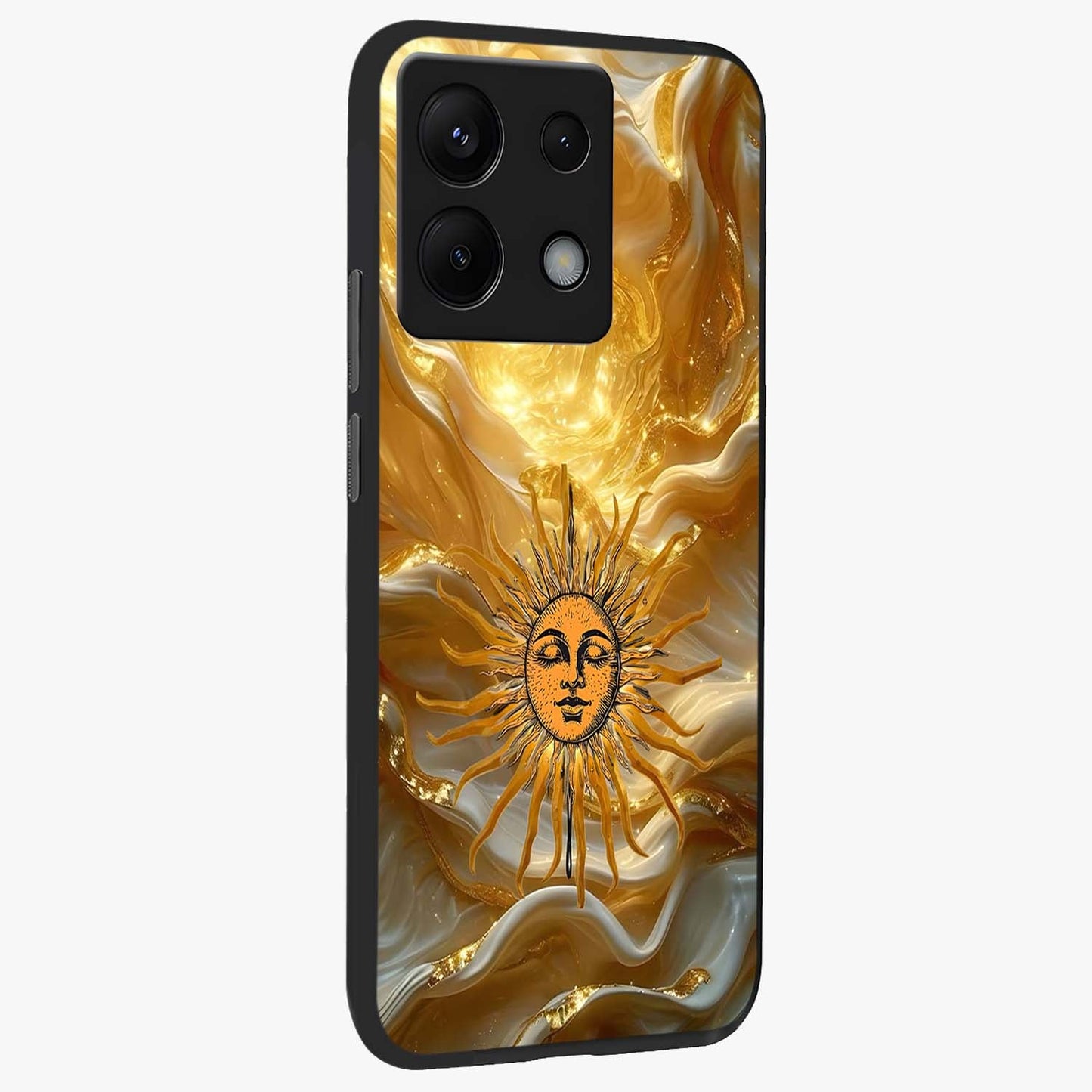 Eternal Golden Glow Glass Case upright view showcasing luminous golden artwork with luxurious visual theme.