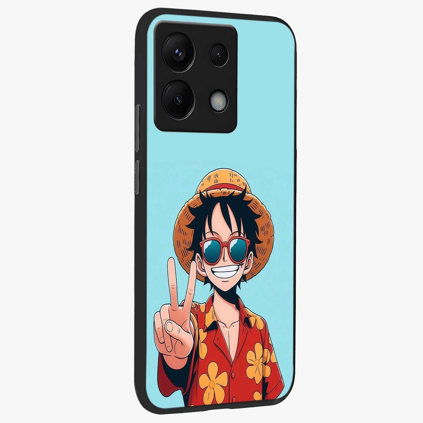 Luffy Summer Anime Vibe Glass Case upright view showcasing dynamic anime artwork with bright adventurous theme.