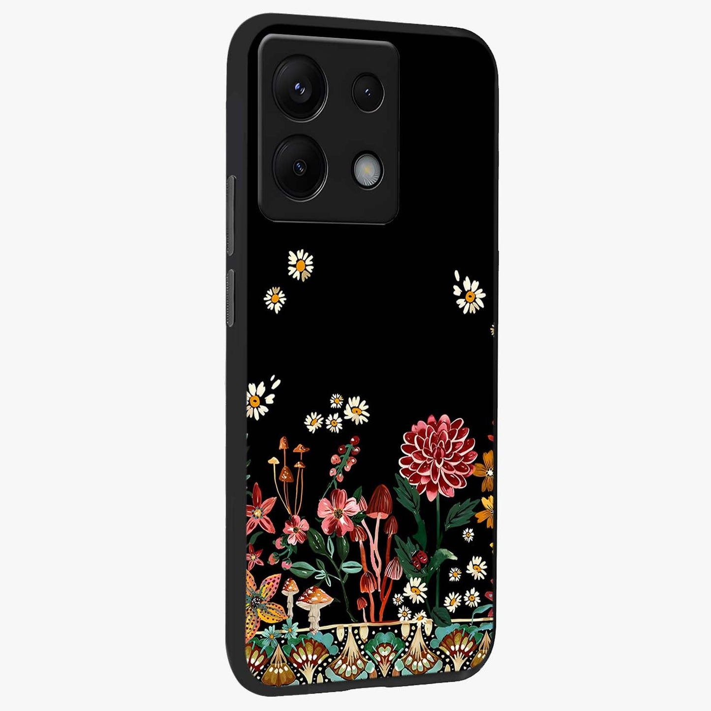 Midnight Bloom Pattern Glass Case upright view showcasing decorative floral artwork with deep night themed palette.