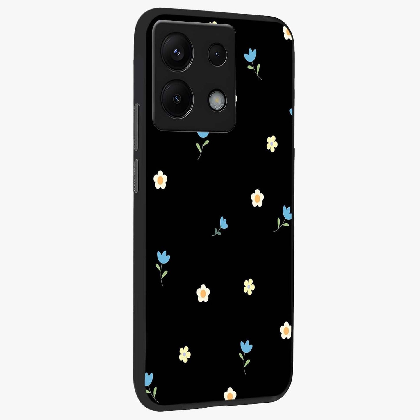 Minimal Petal Whispers Glass Case upright view showcasing elegant floral artwork with modern minimalist style.