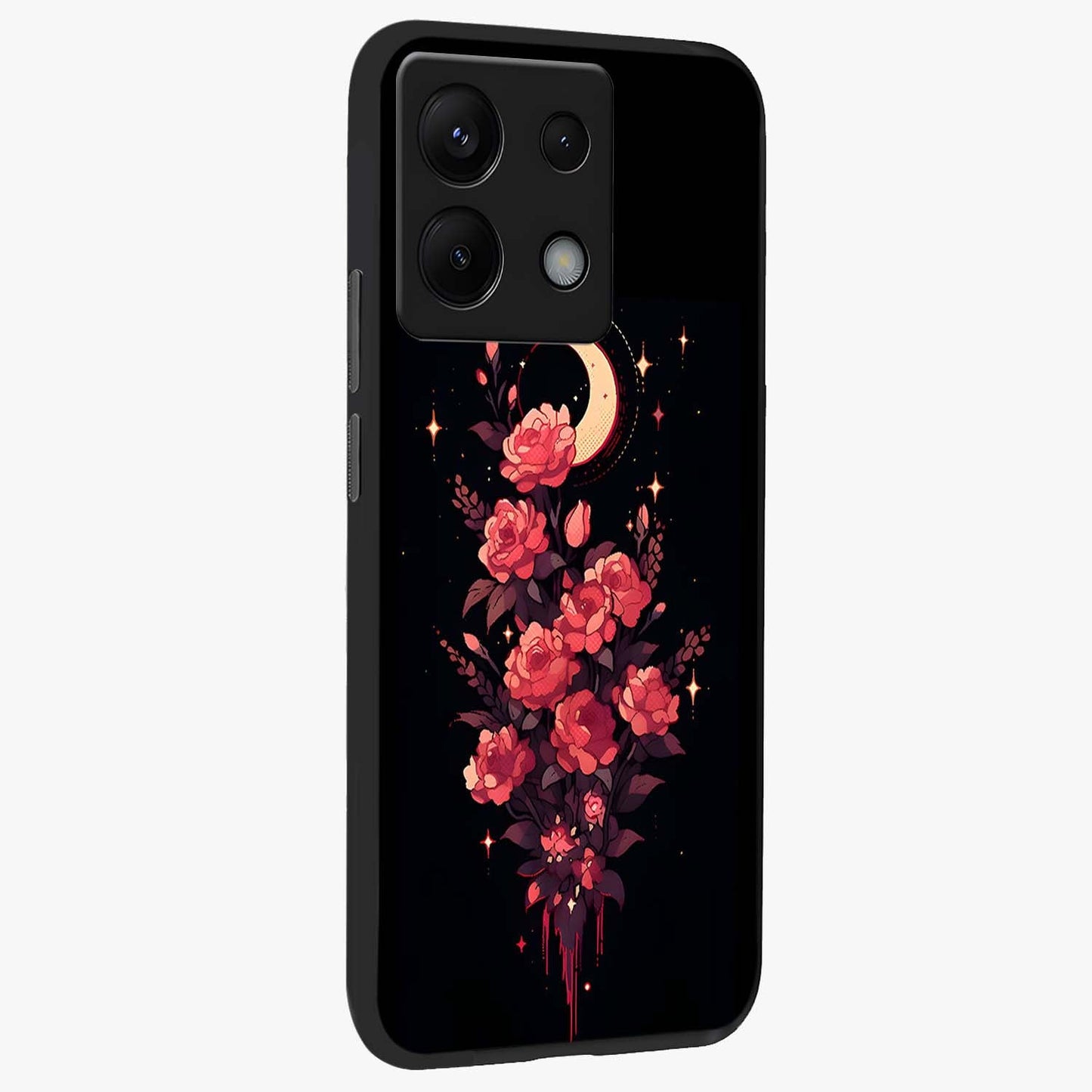 Moonlit Floral Elegance Glass Case upright view showcasing delicate floral artwork with refined night inspired theme.
