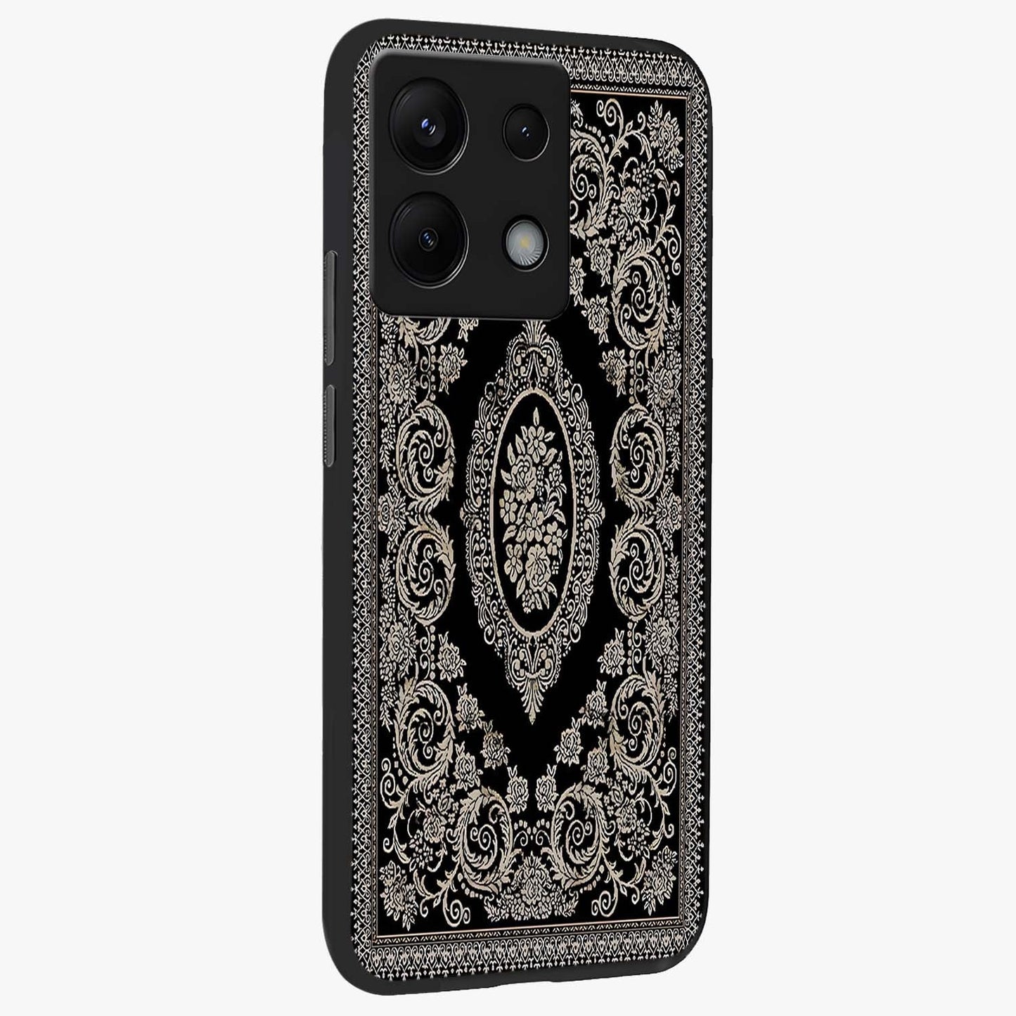 Noir Bloom Elegance Glass Case upright view showcasing graceful floral artwork with luxurious dark theme.