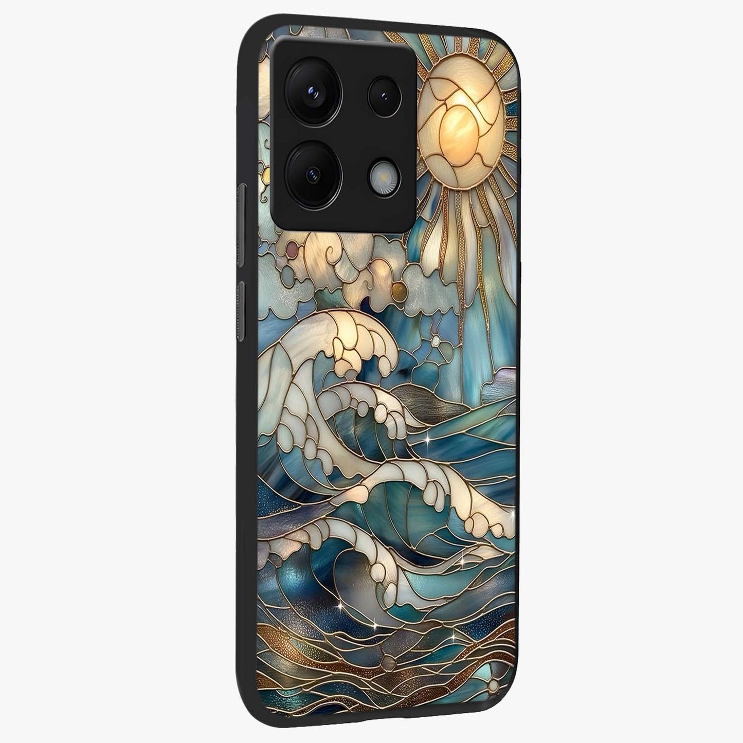 Oceanic Stained Printed Glass Case upright view showcasing decorative ocean pattern artwork with vibrant marine theme.
